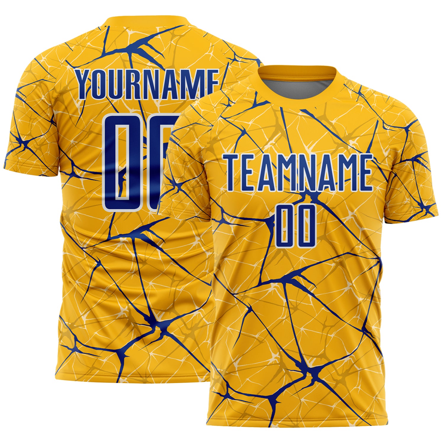 Custom Gold Royal-White Abstract Network Crackle Sublimation Soccer Uniform Jersey