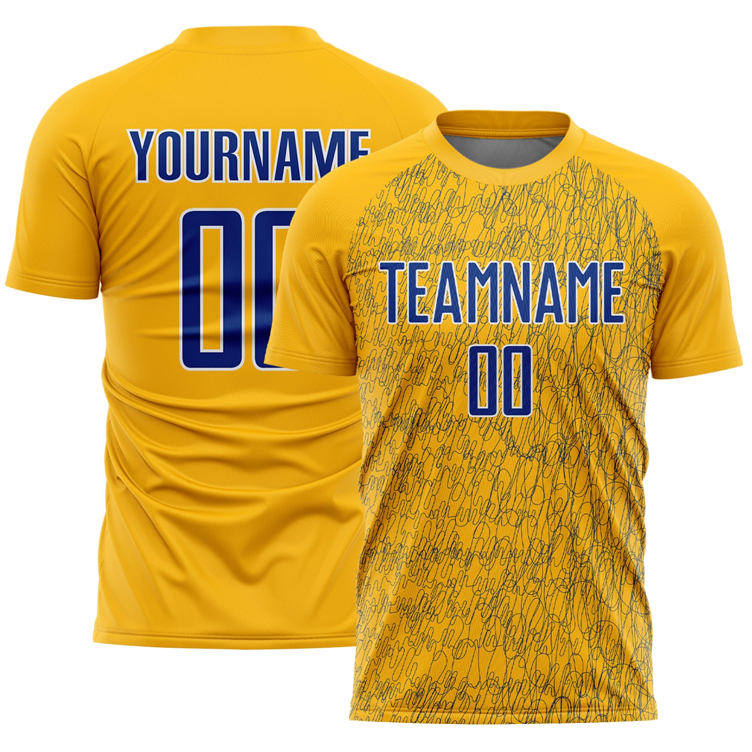 Custom Gold Royal-White Abstract Scribble Curve Line Pattern Sports Sublimation Soccer Uniform Jersey