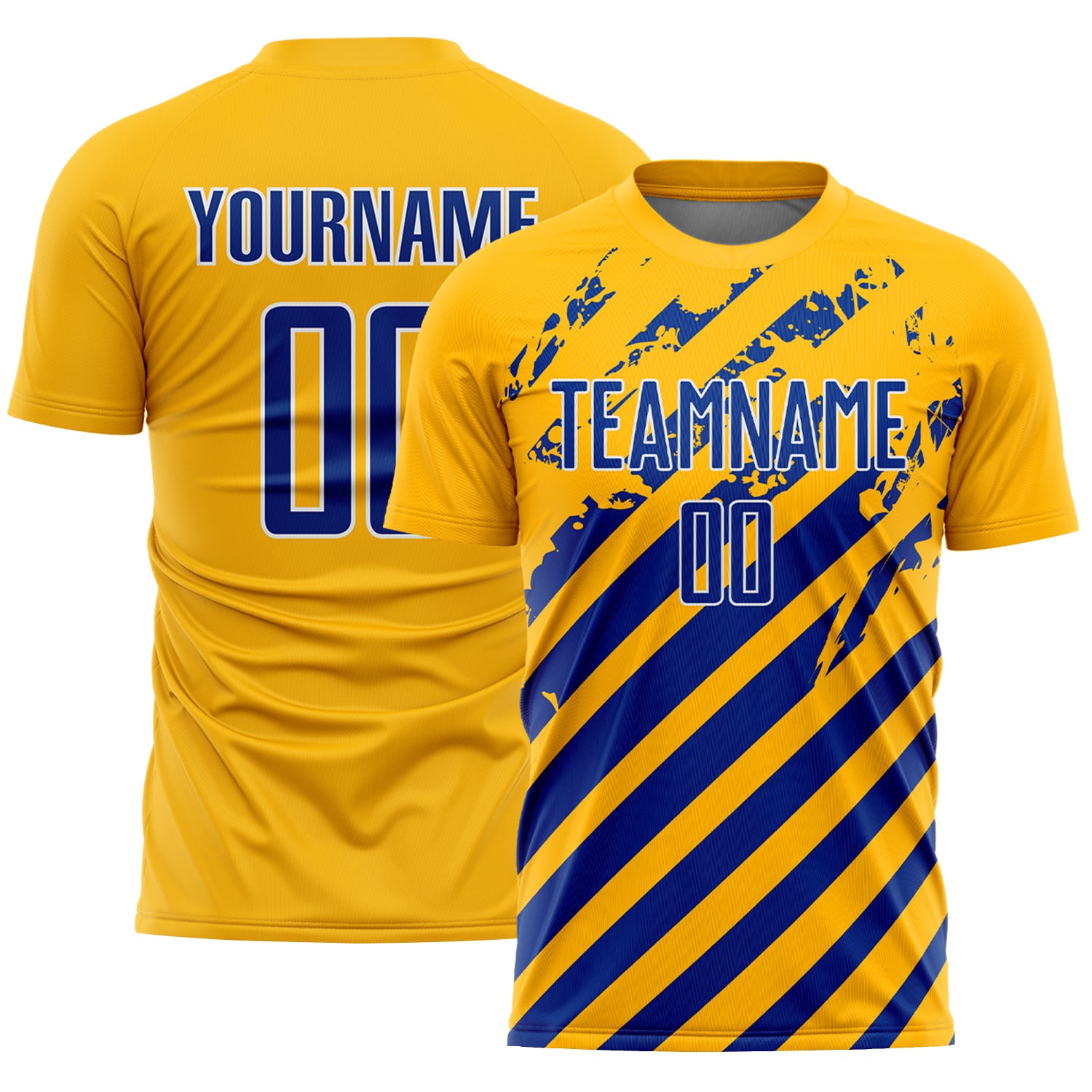 Custom Gold Royal-White Distressed Diagonal Stripe Pattern Sports Sublimation Soccer Uniform Jersey