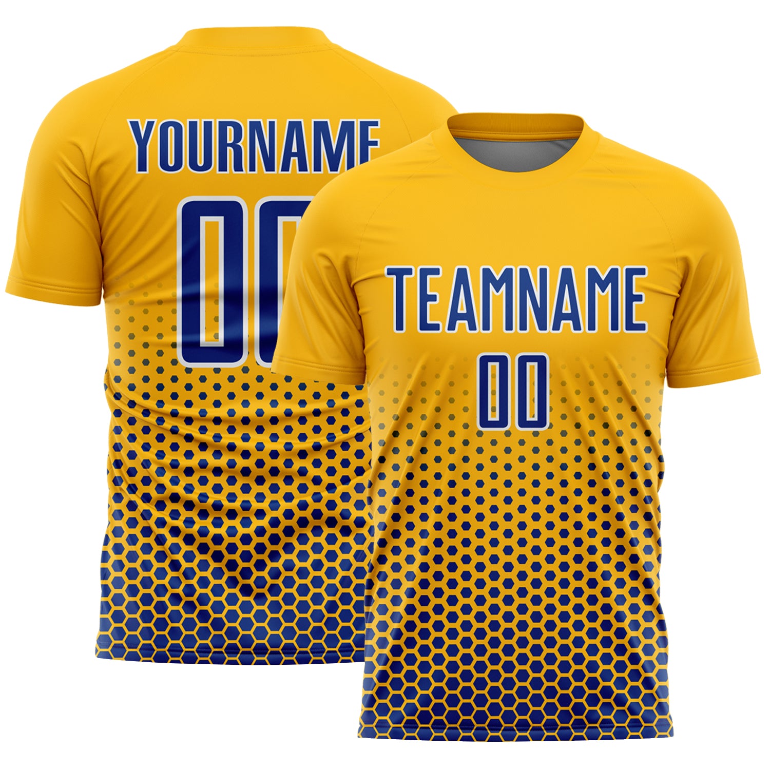 Custom Gold Royal-White Geometric Hexagonal Dot Gradient Sublimation Soccer Uniform Jersey
