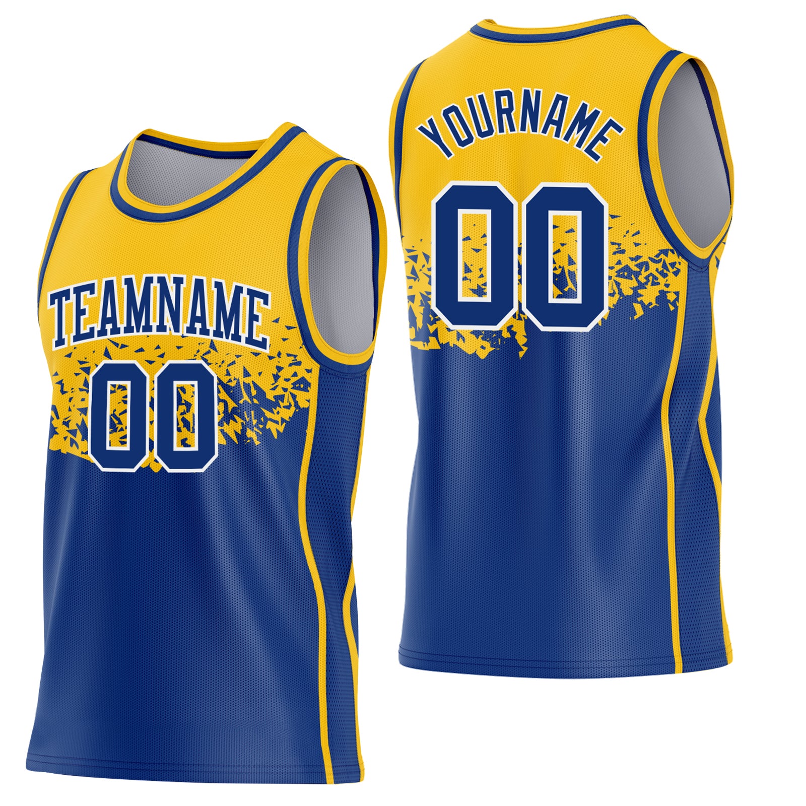 Custom Gold Royal-White Shattered Geometric Side Panel Stripe Round Neck Sublimation Basketball Set Jersey