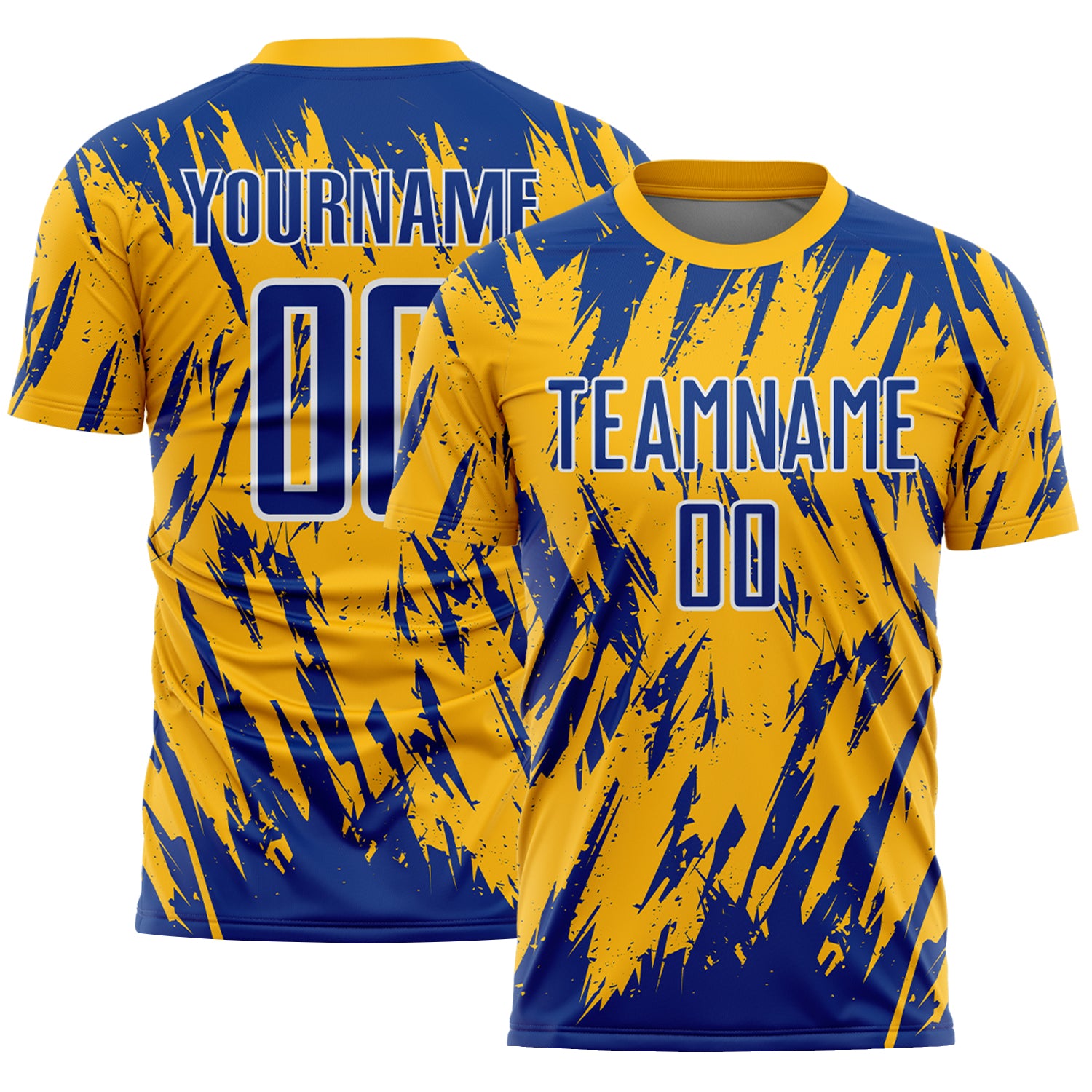 Custom Gold Royal-White Splatter Torn Sharp Brush Stroke Sublimation Soccer Uniform Jersey