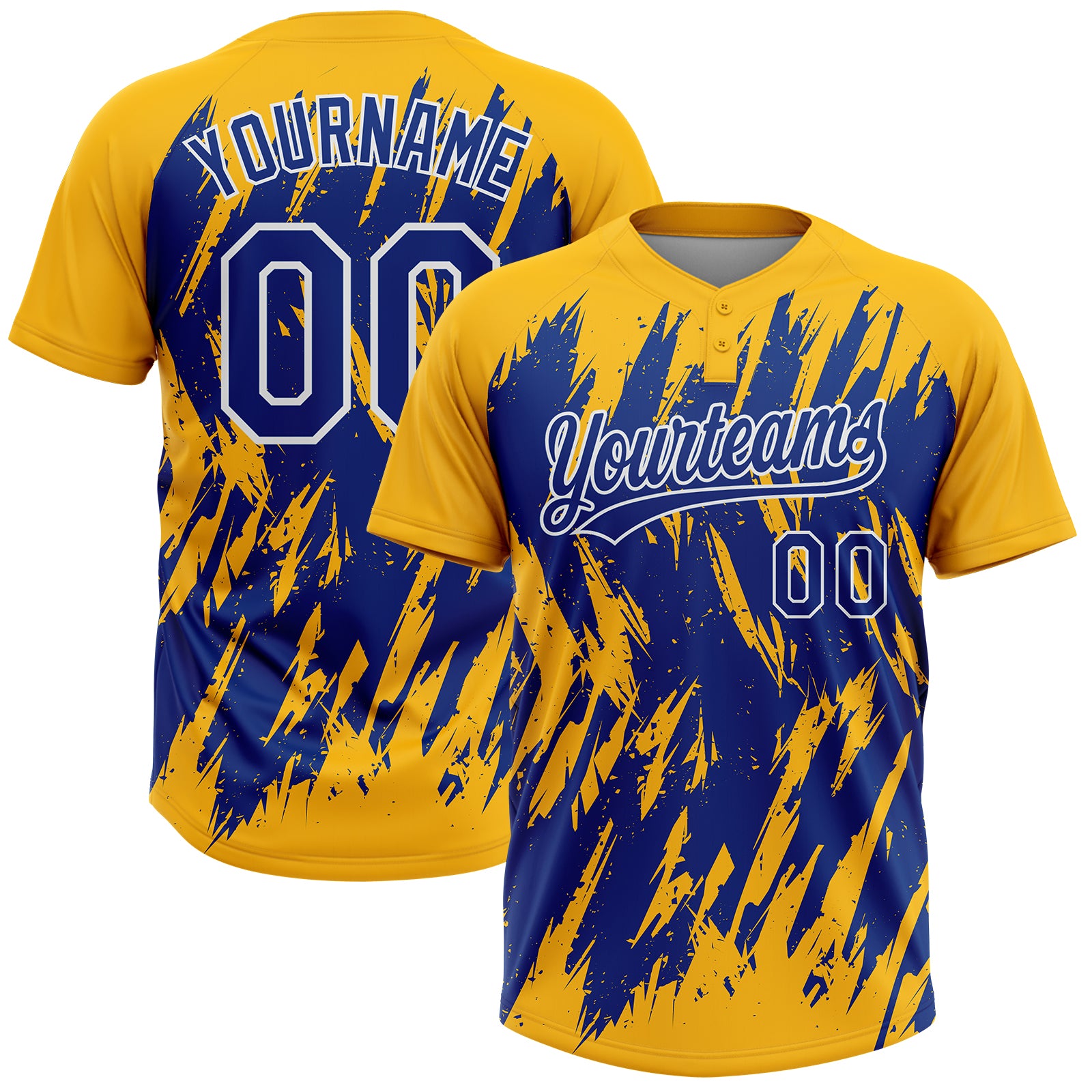 Custom Gold Royal-White Splatter Torn Sharp Brush Stroke Two-Button Unisex Softball Jersey