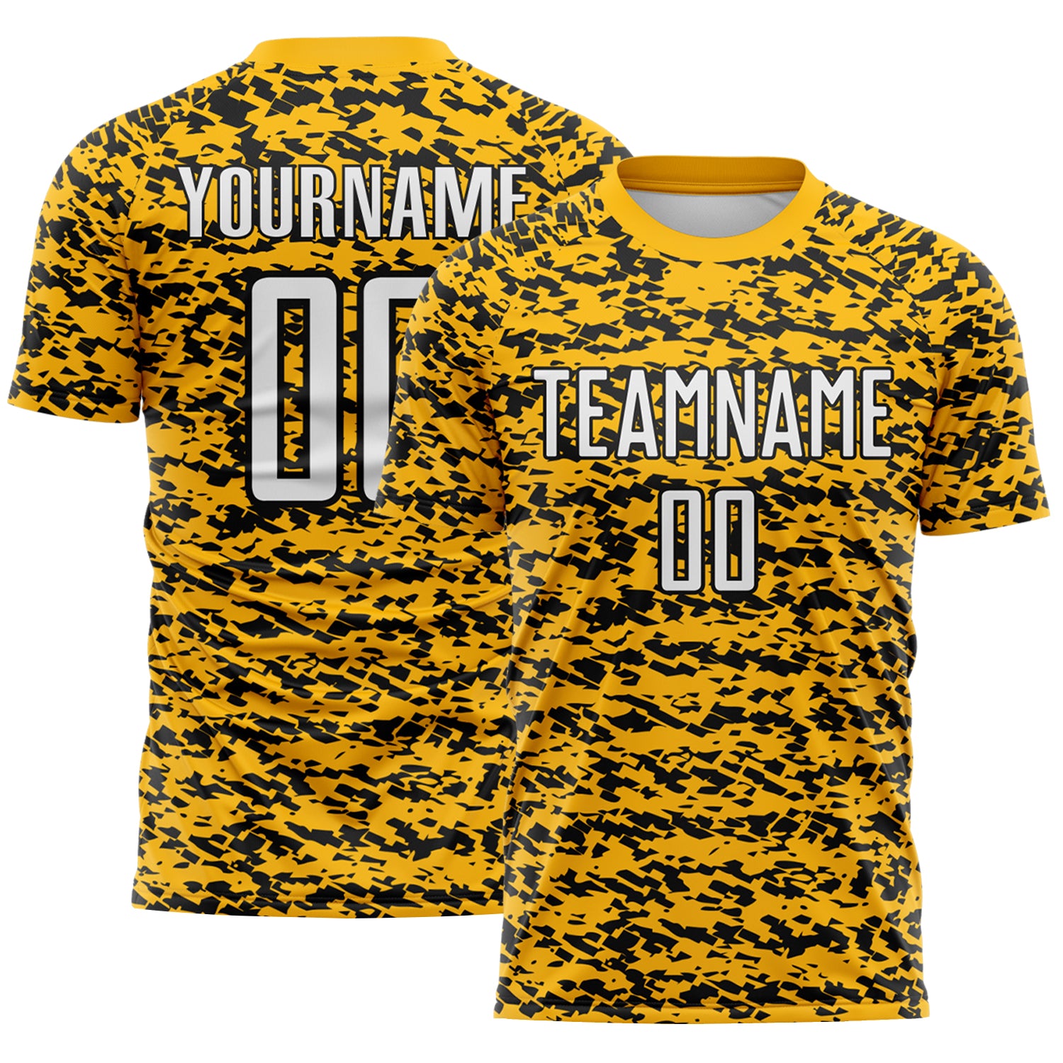 Custom Gold White-Black Geometric Fragment Splatter Sublimation Soccer Uniform Jersey
