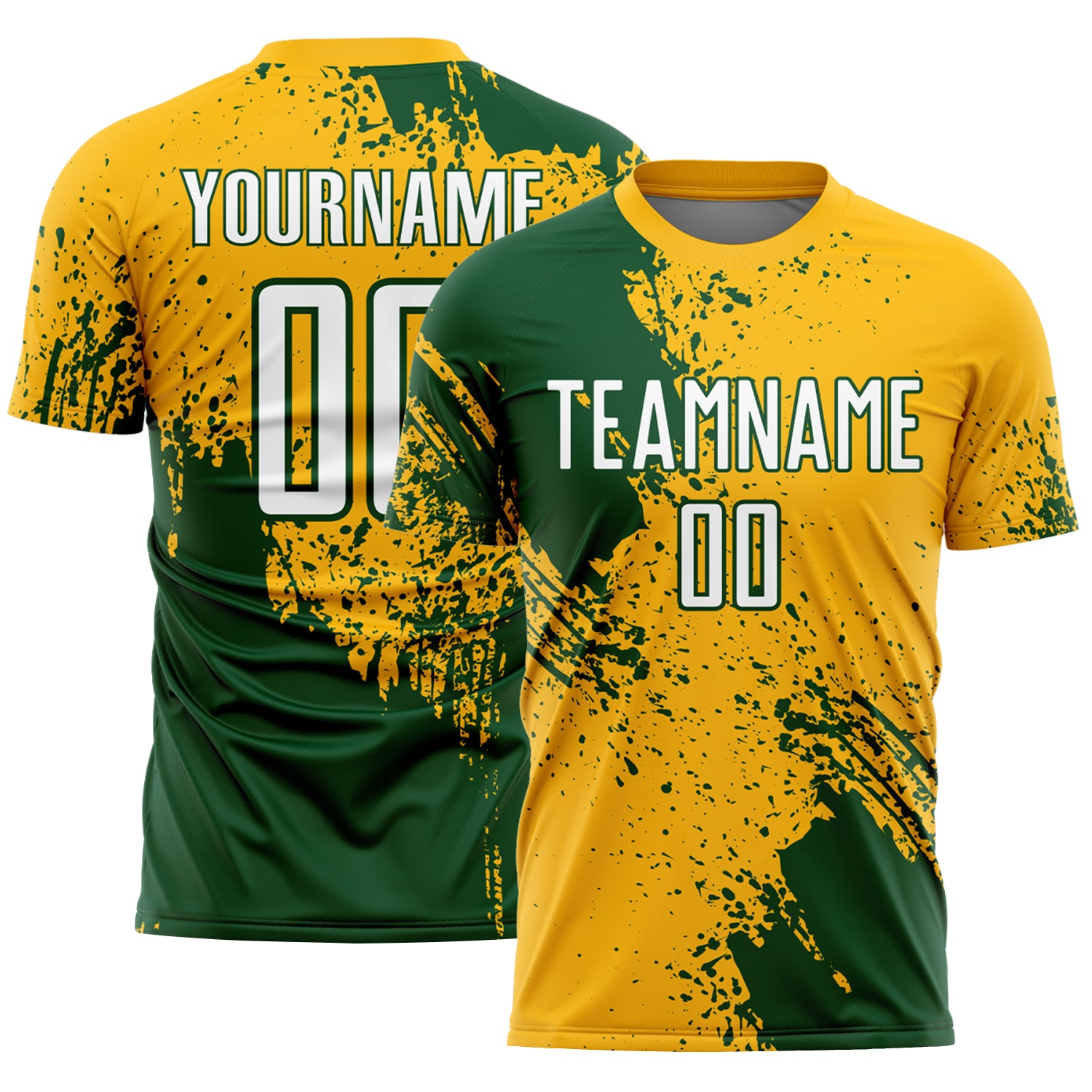 Custom Gold White-Green Abstract Brush Stroke Sports Sublimation Soccer Uniform Jersey