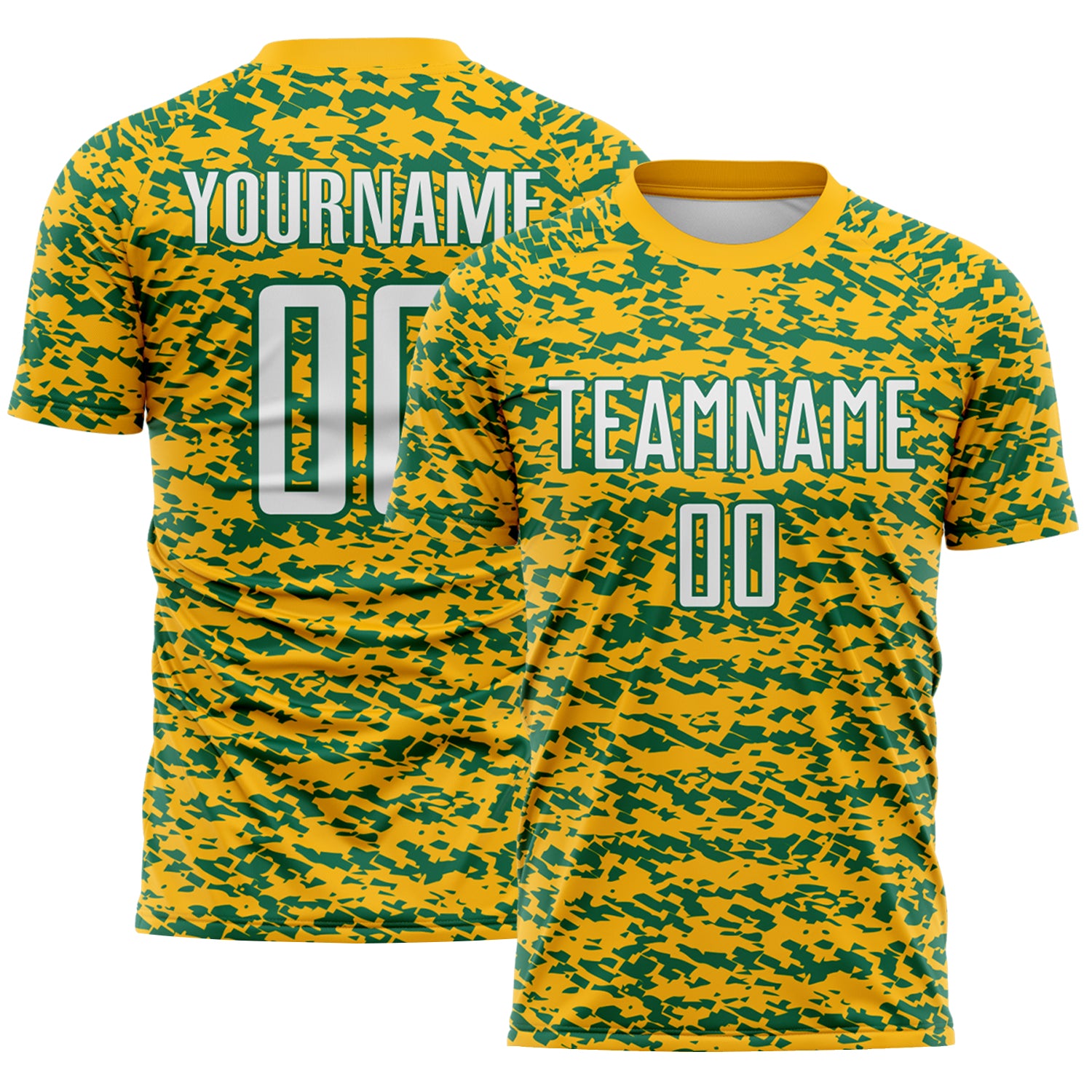 Custom Gold White-Kelly Green Geometric Fragment Splatter Sublimation Soccer Uniform Jersey