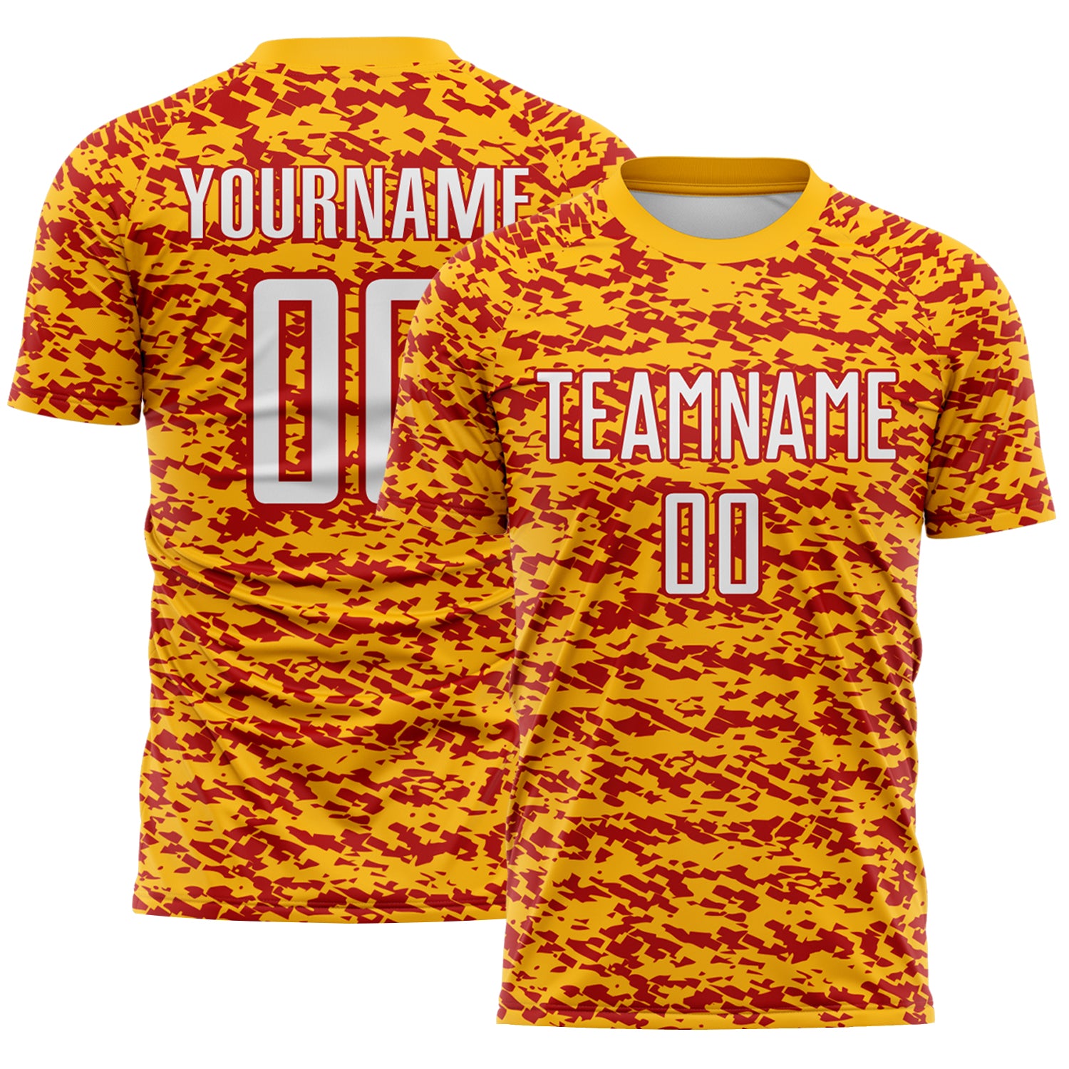 Custom Gold White-Red Geometric Fragment Splatter Sublimation Soccer Uniform Jersey