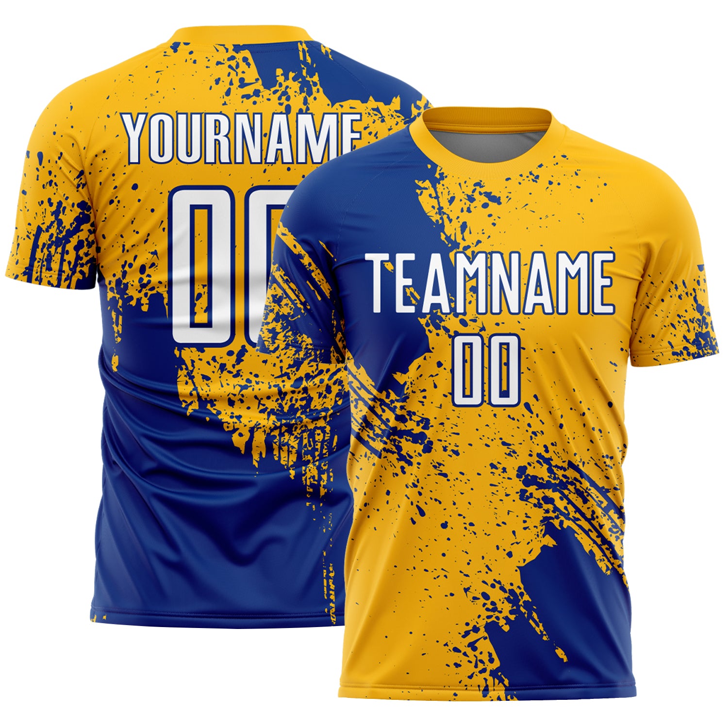 Custom Gold White-Royal Abstract Brush Stroke Sports Sublimation Soccer Uniform Jersey