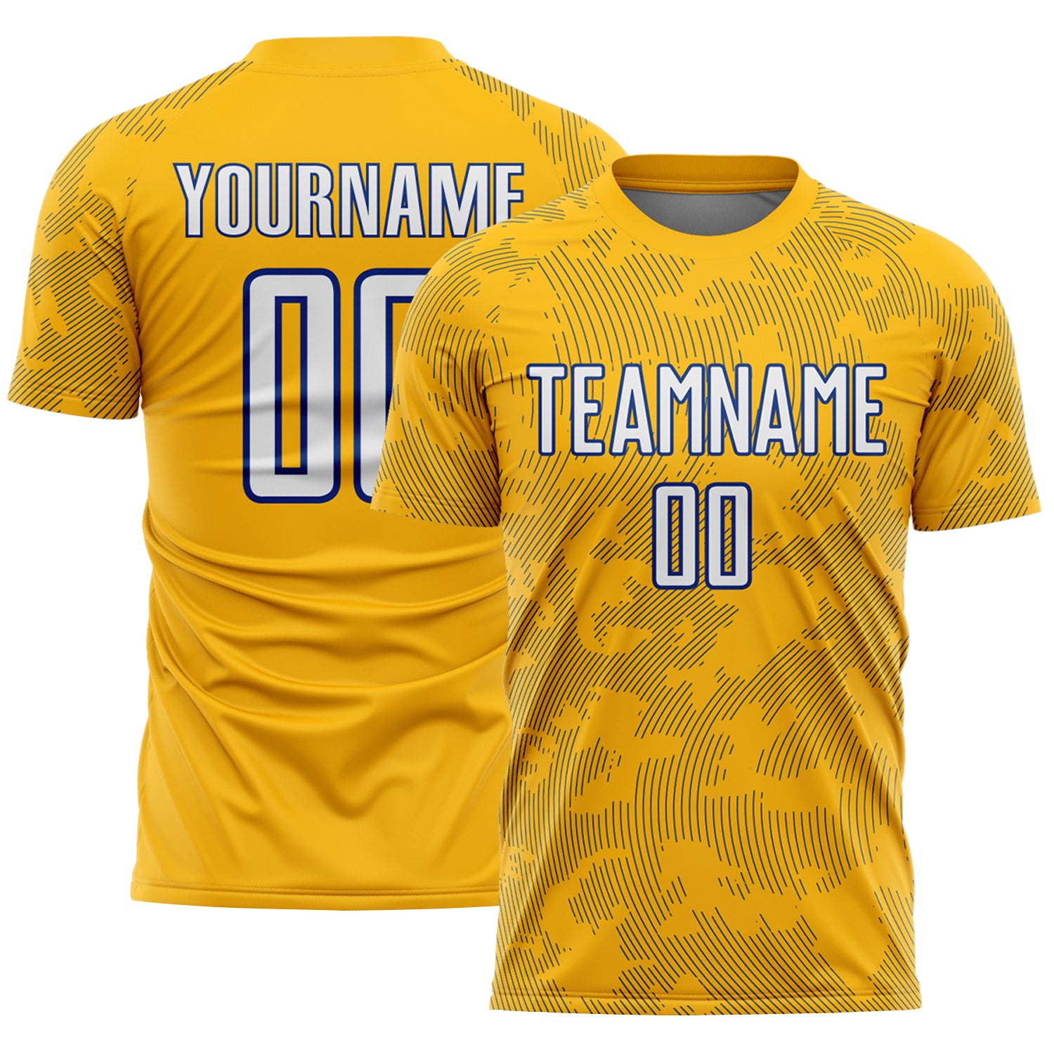 Custom Gold White-Royal Curve Lines Sublimation Soccer Uniform Jersey