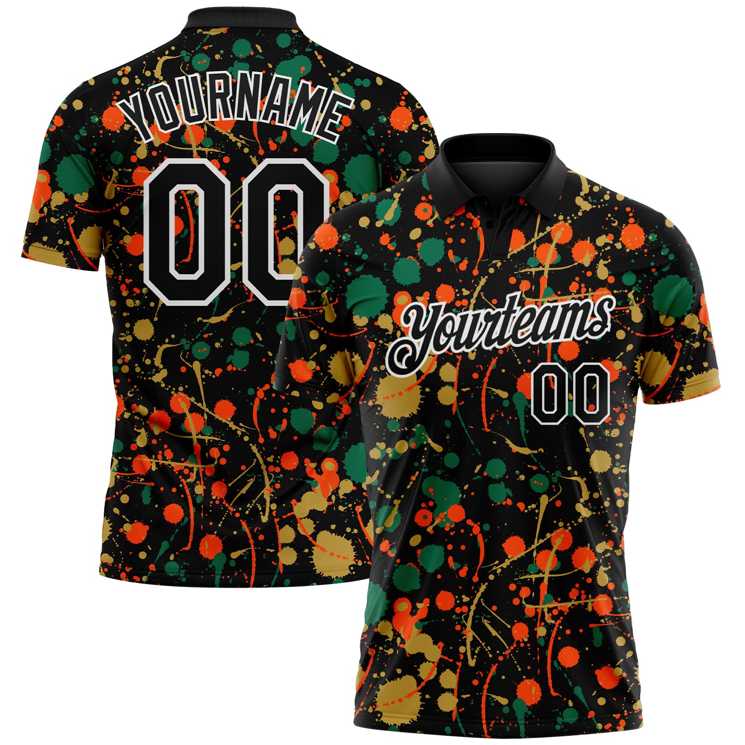 Custom Graffiti Pattern Black Kelly Green Old Gold Orange-White Vibrant Multi-Color Abstract Splatter Performance Polo Shirt