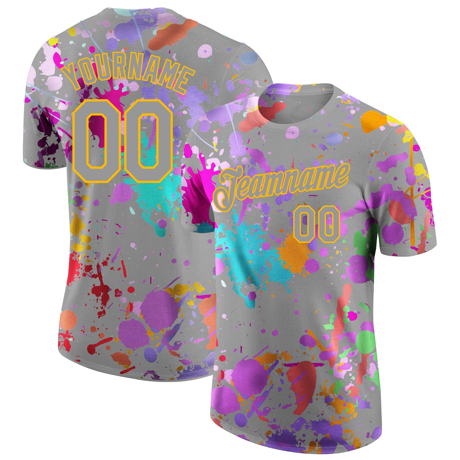Custom Graffiti Pattern Gray-Yellow Vibrant Multicolor Paint Splatter Performance T-Shirt