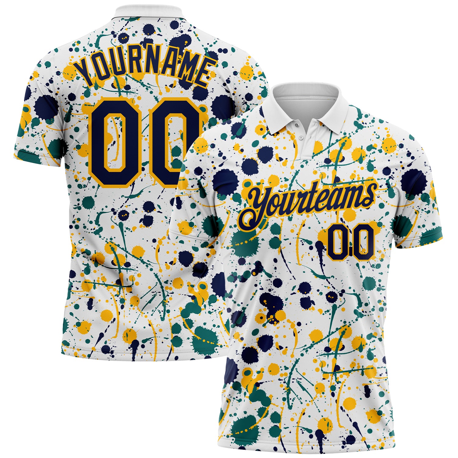 Custom Graffiti Pattern Navy White Teal-Gold Vibrant Multi-Color Abstract Splatter Performance Polo Shirt