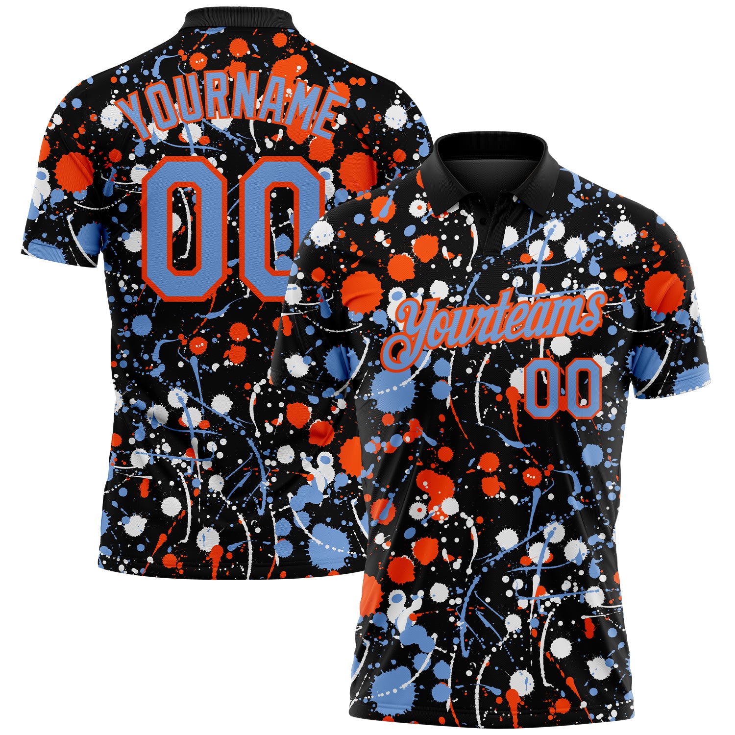 Custom Graffiti Pattern Powder Blue Black Orange-White Vibrant Multi-Color Abstract Splatter Performance Polo Shirt