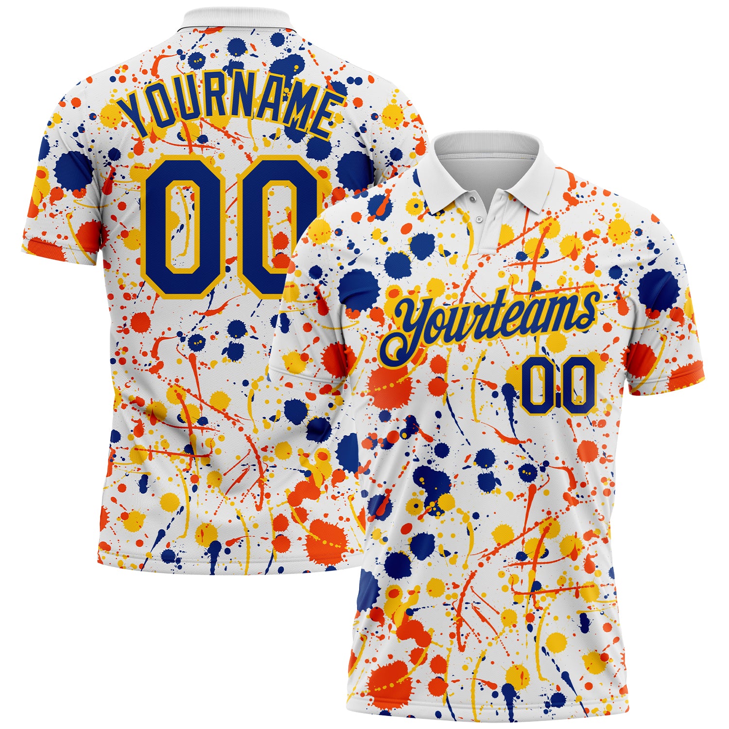 Custom Graffiti Pattern Royal White Orange-Yellow Vibrant Multi-Color Abstract Splatter Performance Polo Shirt