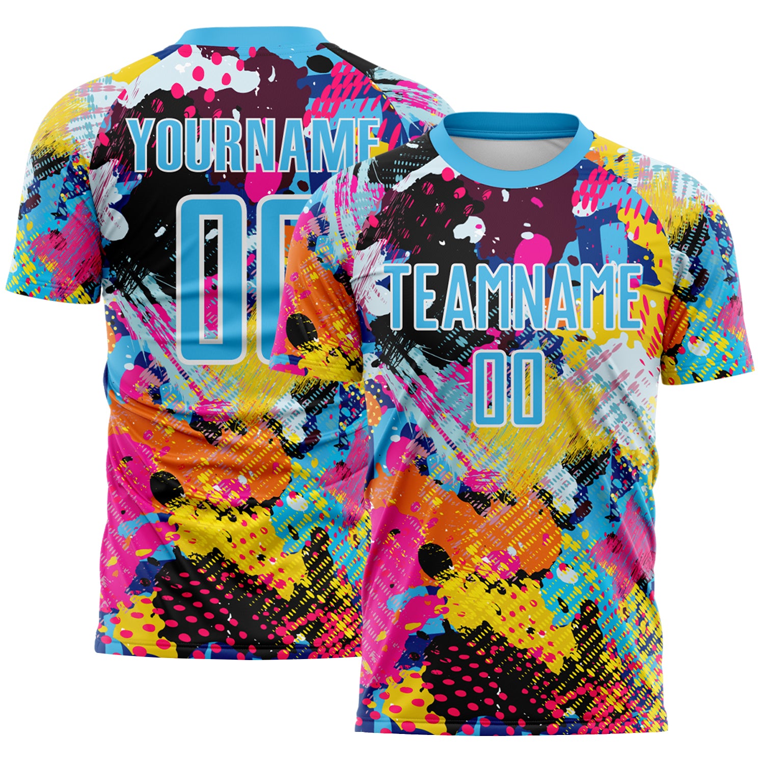 Custom Graffiti Pattern Sky Blue-White Paint Splatter Sublimation Soccer Uniform Jersey