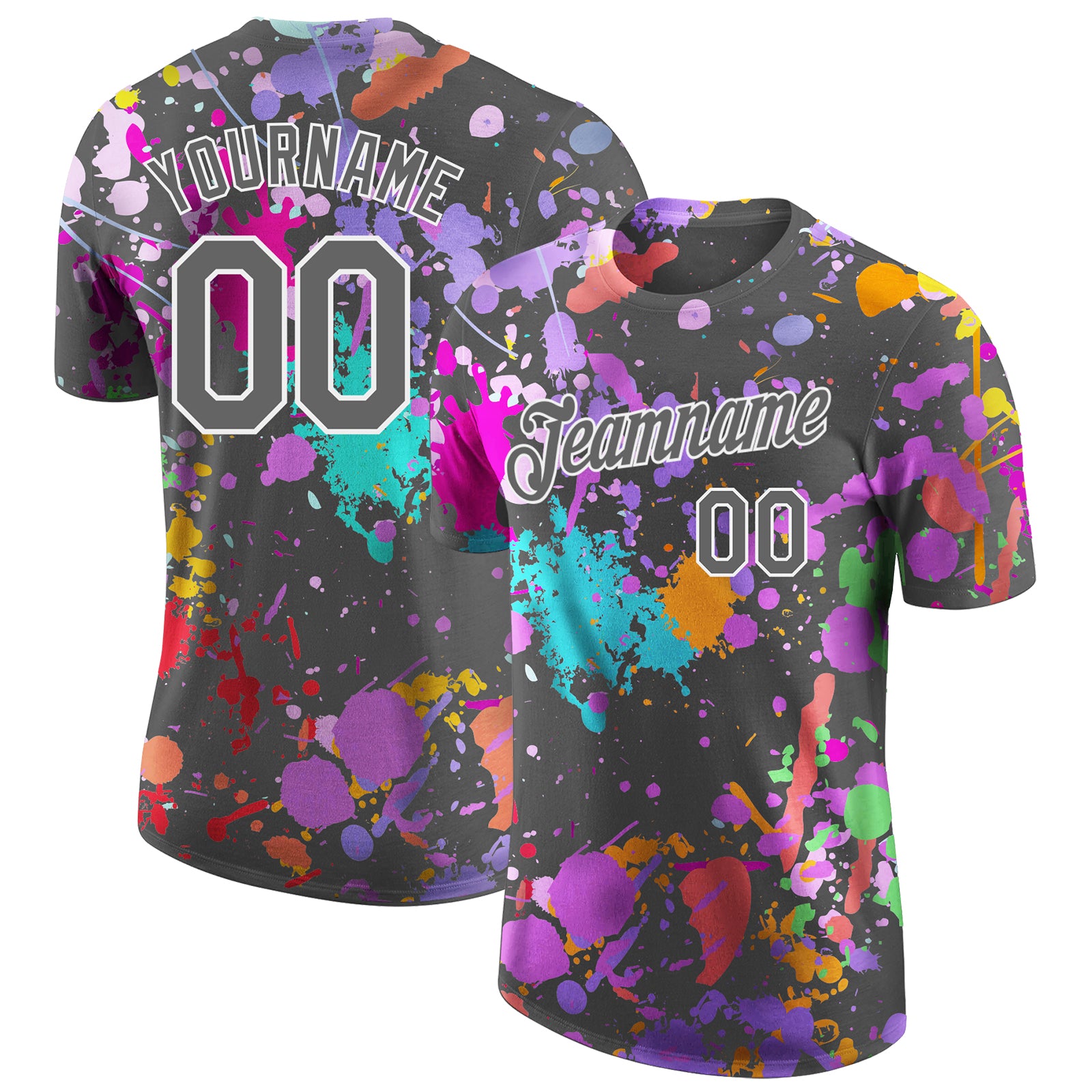Custom Graffiti Pattern Steel Gray-White Vibrant Multicolor Paint Splatter Performance T-Shirt