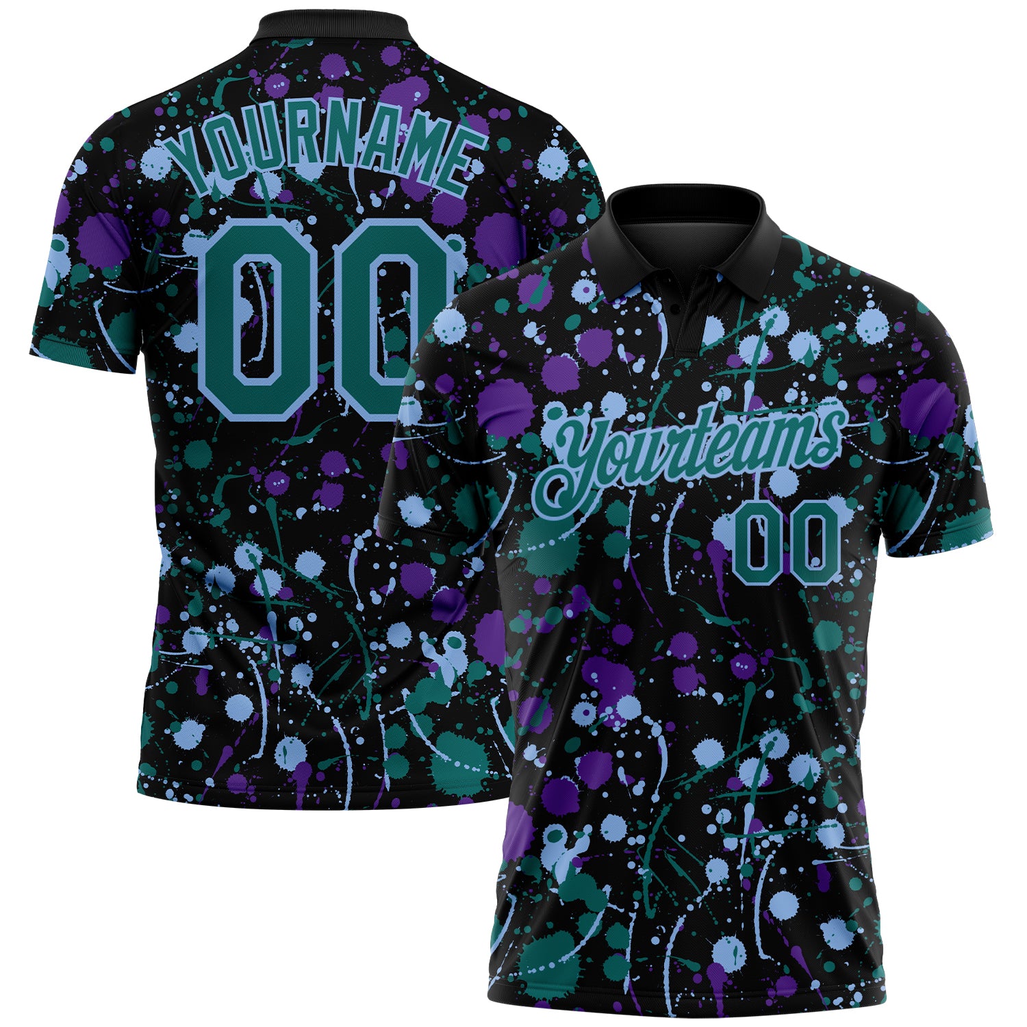 Custom Graffiti Pattern Teal Black Purple-Light Blue Vibrant Multi-Color Abstract Splatter Performance Polo Shirt