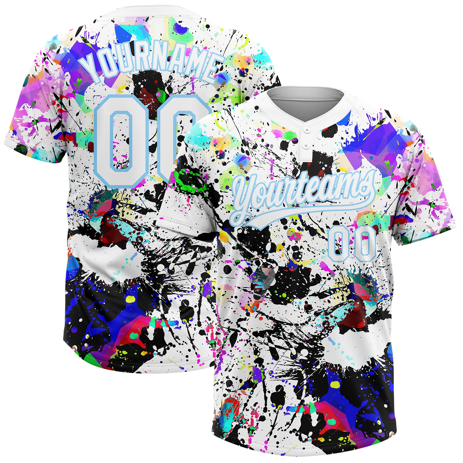 Custom Graffiti Pattern White-Light Blue Splash Two-Button Unisex Softball Jersey