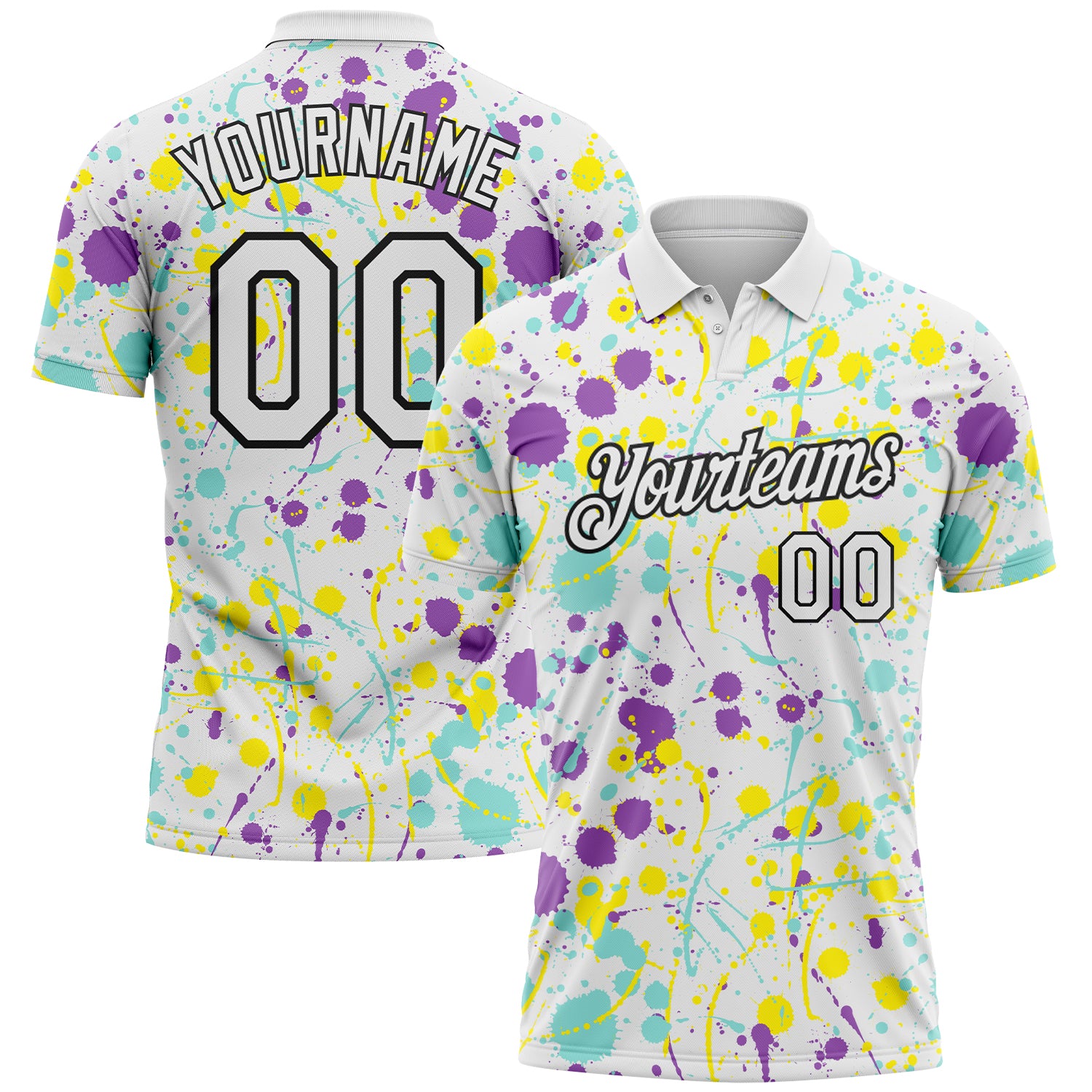 Custom Graffiti Pattern White Medium Purple Ice Blue Light Yellow-Black Vibrant Multi-Color Abstract Splatter Performance Polo Shirt