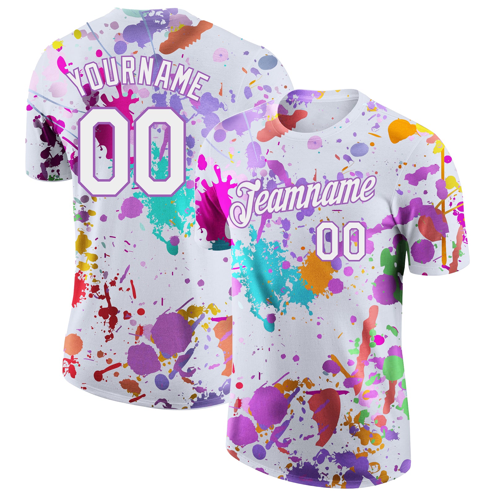 Custom Graffiti Pattern White-Medium Purple Vibrant Multicolor Paint Splatter Performance T-Shirt