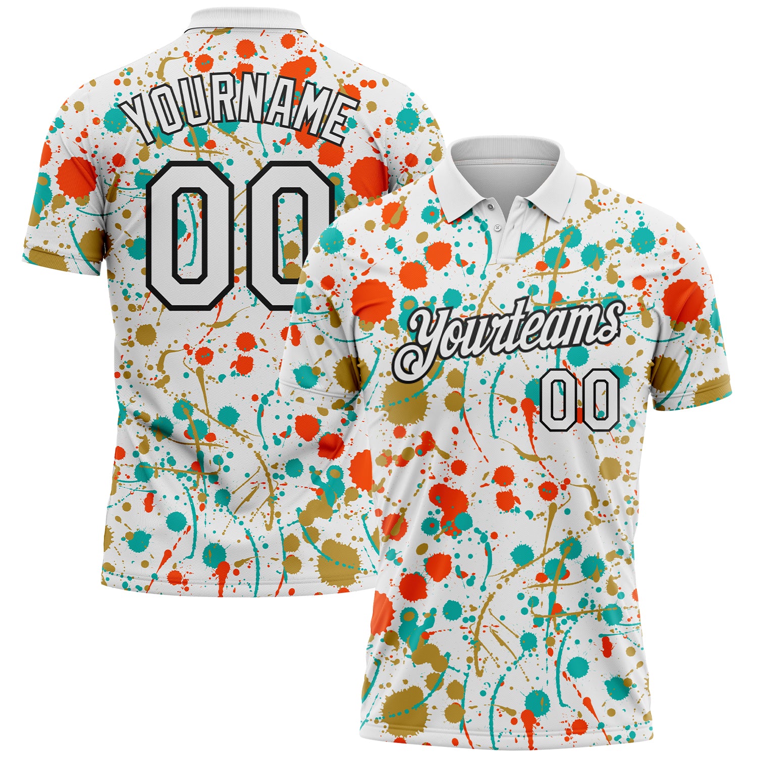 Custom Graffiti Pattern White Orange Old Gold Aqua-Black Vibrant Multi-Color Abstract Splatter Performance Polo Shirt