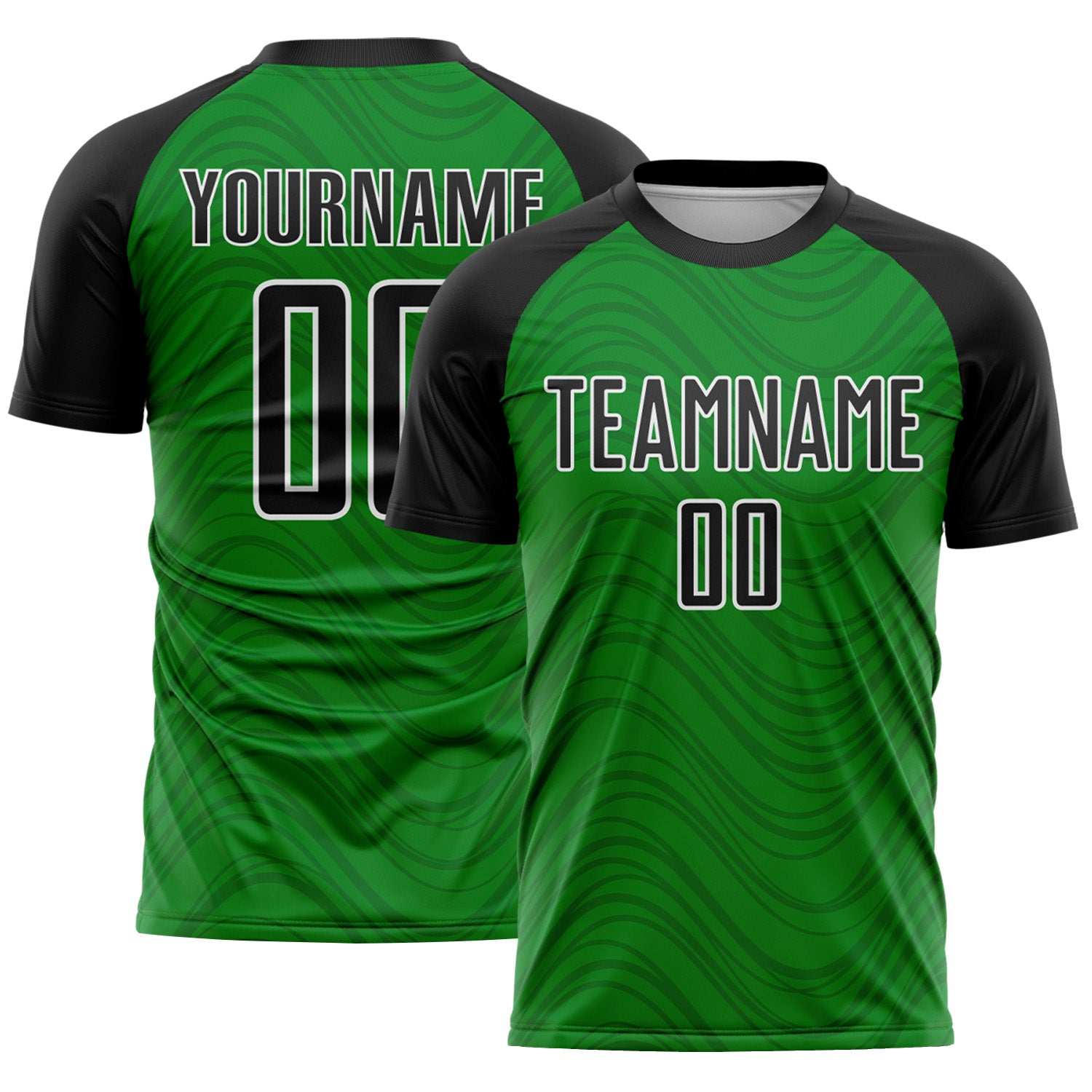 Custom Grass Green Black-White Wavy Lines Sports Sublimation Soccer Uniform Jersey