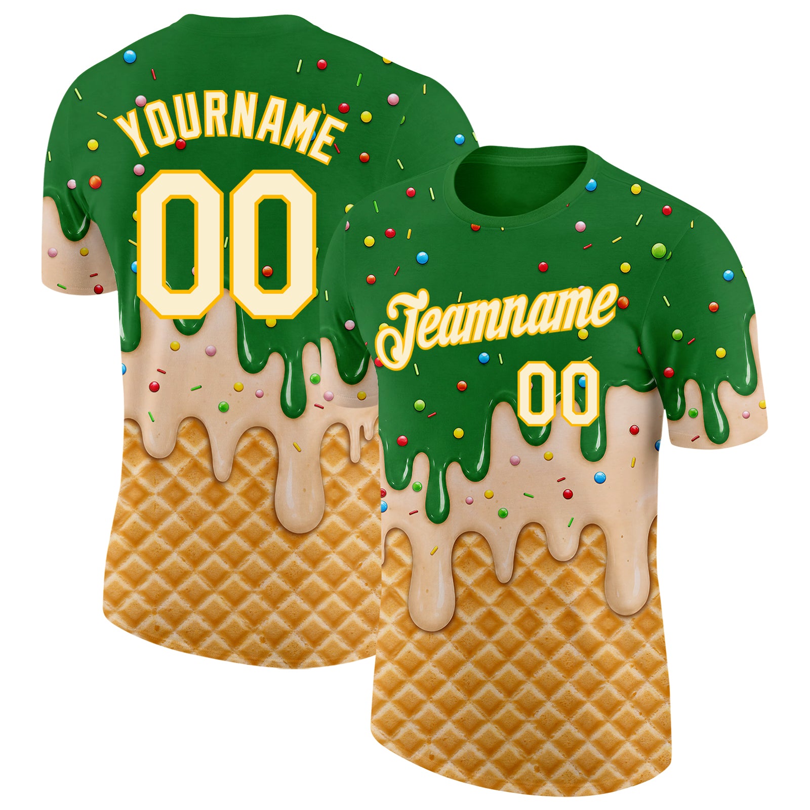 Custom Grass Green Cream-Gold Ice Cream Waffle Foodie Dessert Performance T-Shirt