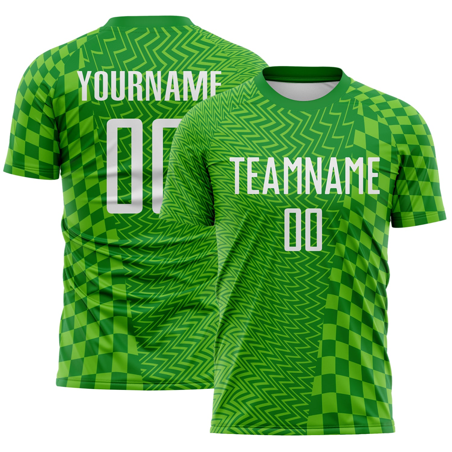 Custom Grass Green White-Aurora Green Geometric Patchwork Asymmetry Checkered Zigzag Lines Sublimation Soccer Uniform Jersey