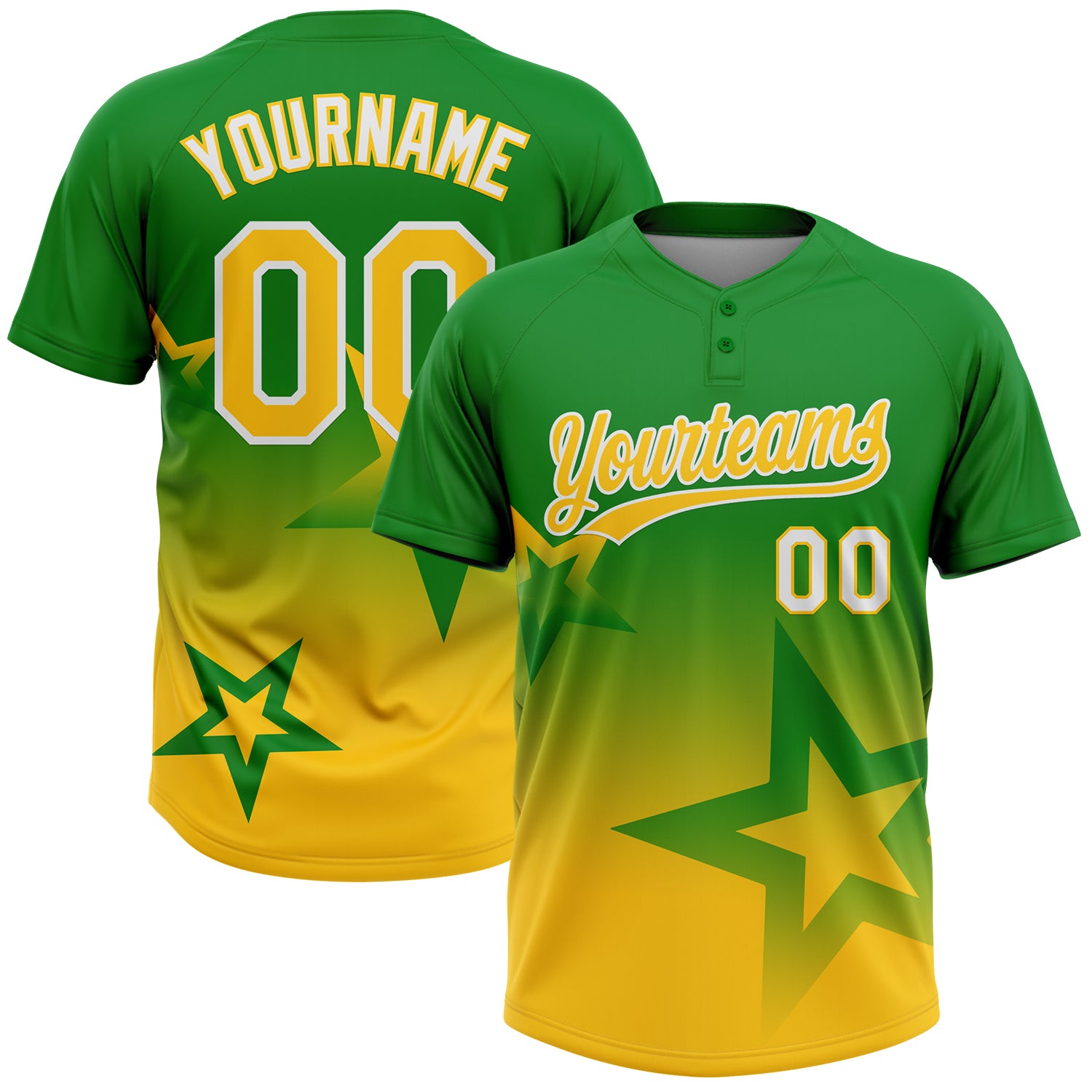 Custom Grass Green Yellow-White Gradient Style Twinkle Star Two-Button Unisex Softball Jersey