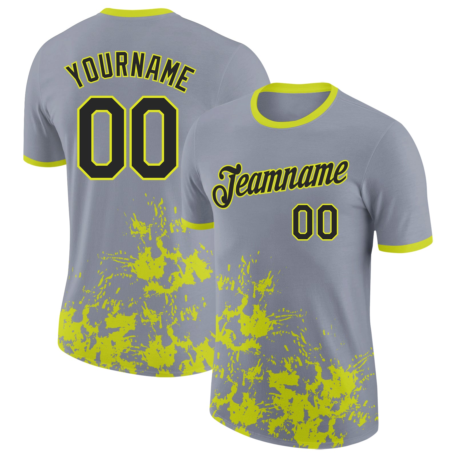 Custom Gray Black-Neon Yellow Brush Stroke Splatter Performance T-Shirt