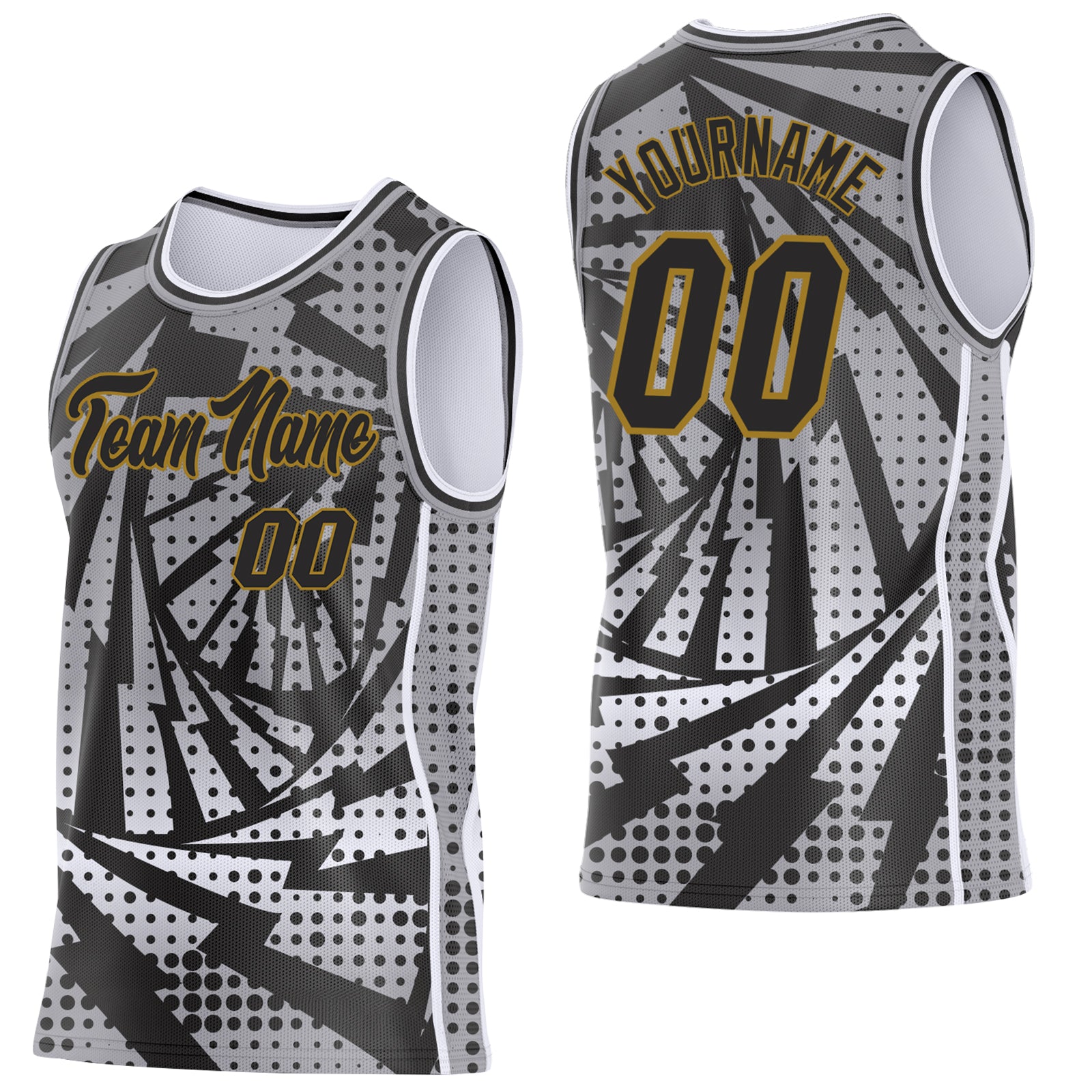 Custom Gray Black White-Old Gold Lightning Gradient Dot Side Panel Stripe Round Neck Sublimation Basketball Set Jersey