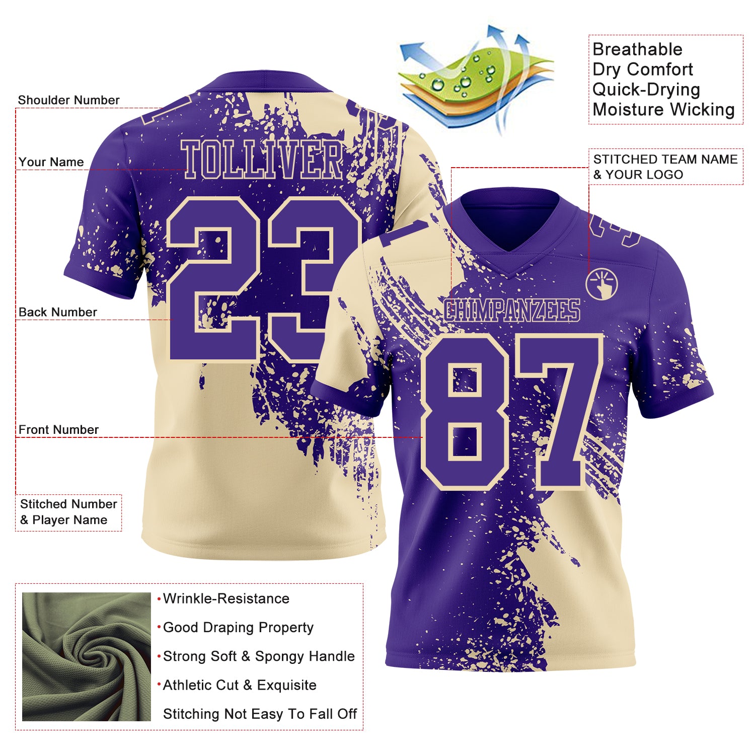 Custom Purple Cream 3D Pattern Abstract Brush Stroke Authentic Football Jersey