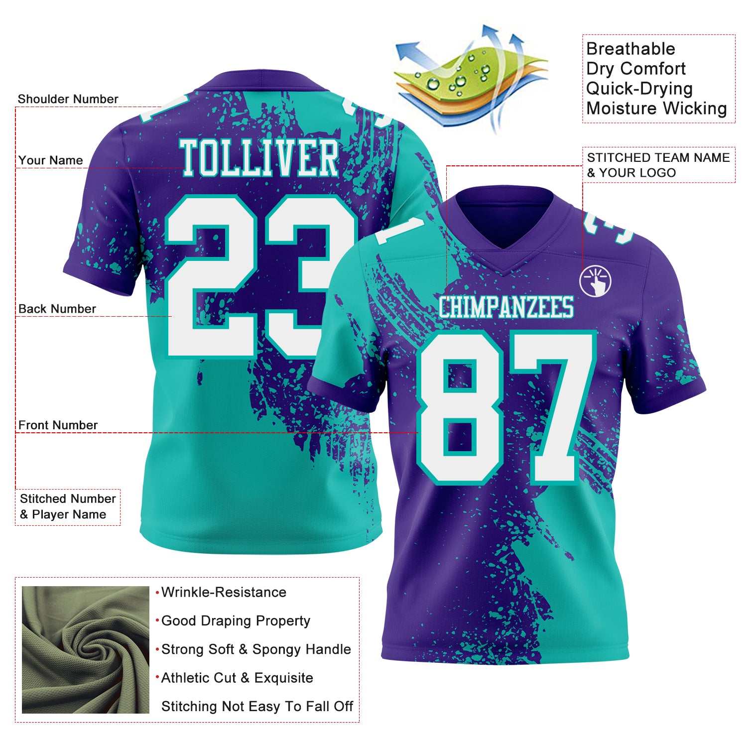 Custom Purple White-Aqua 3D Pattern Abstract Brush Stroke Authentic Football Jersey