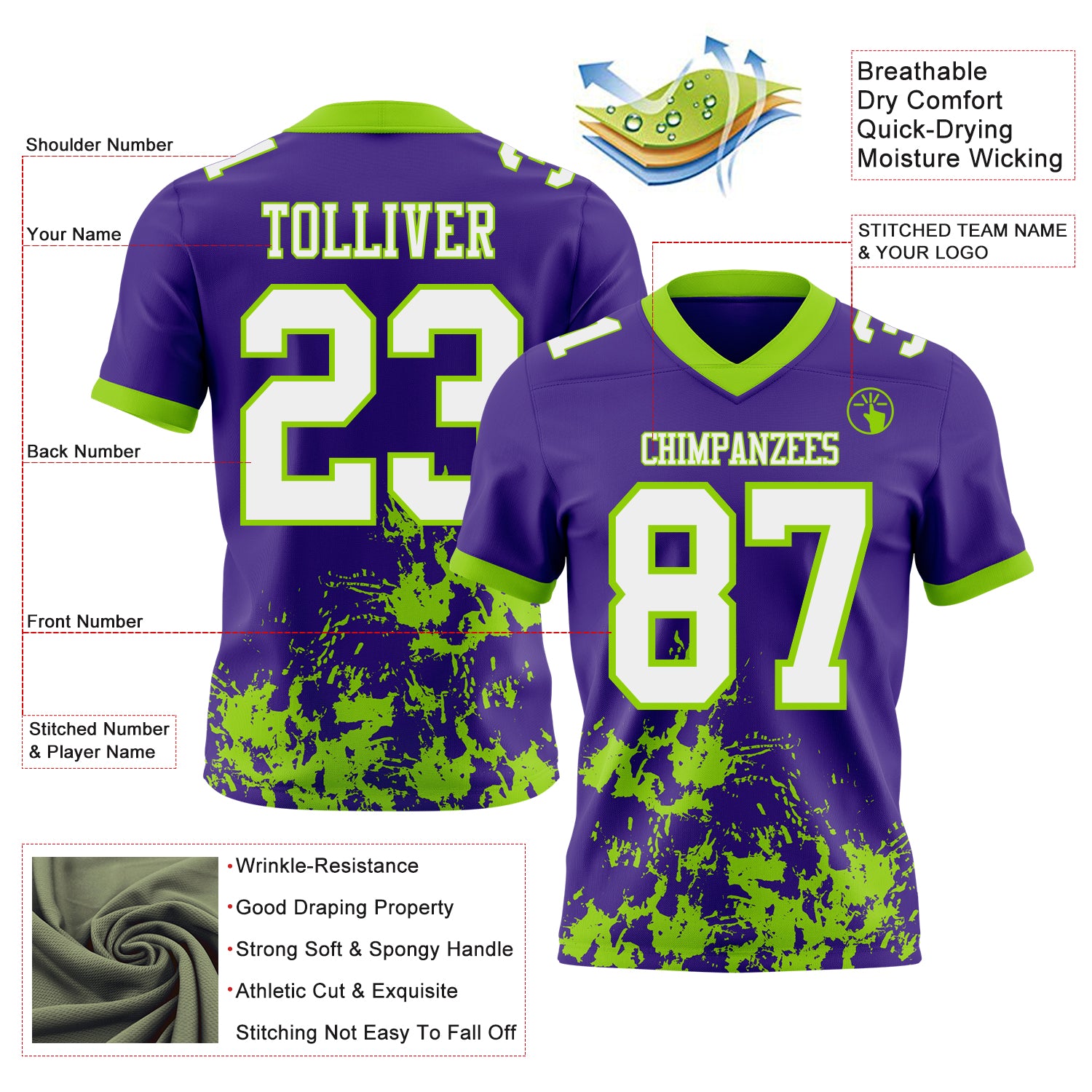 Custom Purple White-Neon Green 3D Pattern Splash Authentic Football Jersey