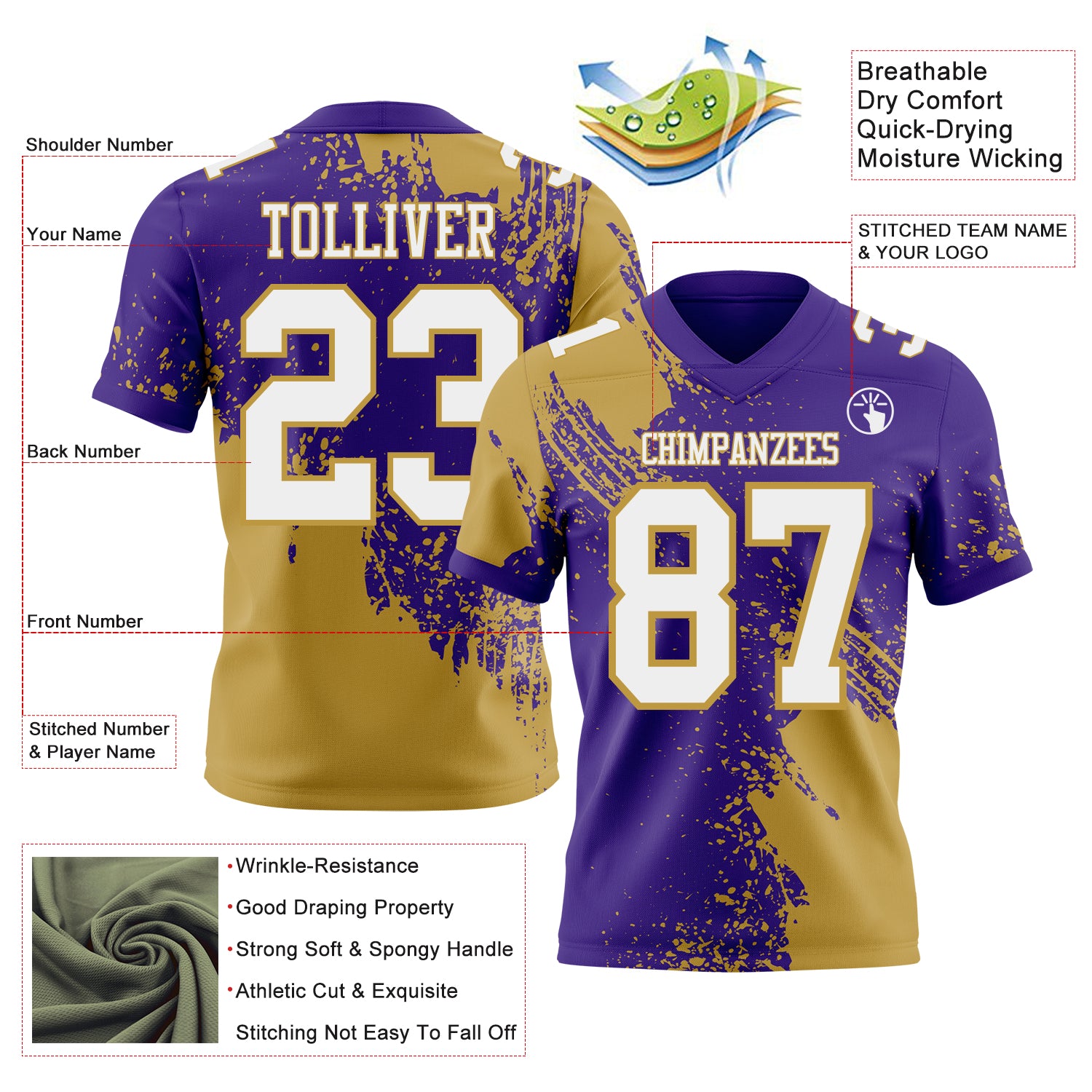 Custom Purple White-Old Gold 3D Pattern Abstract Brush Stroke Authentic Football Jersey