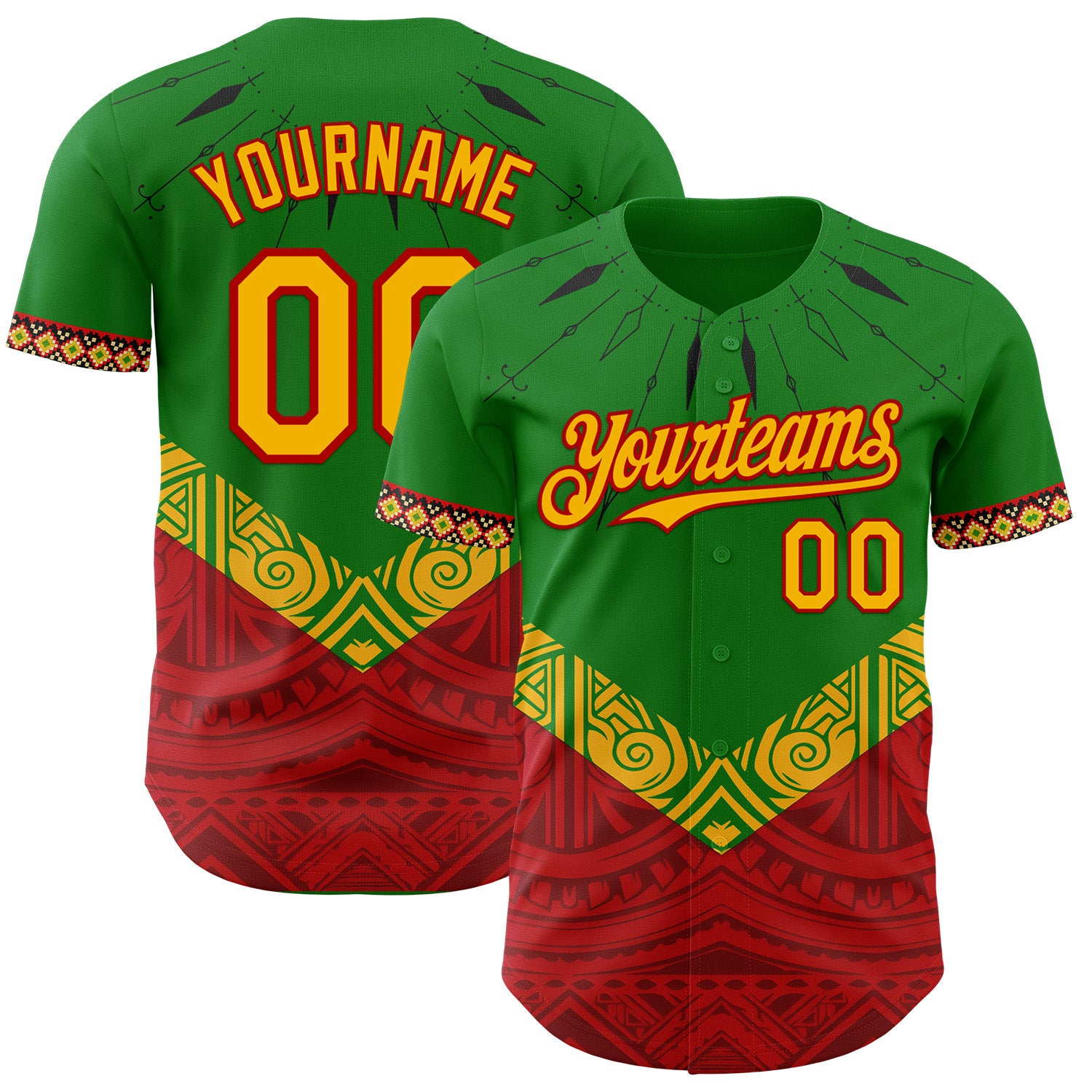 Custom Grass Green Gold Red-Black 3D Pattern Design Black History Month Africa Tribal Authentic Baseball Jersey