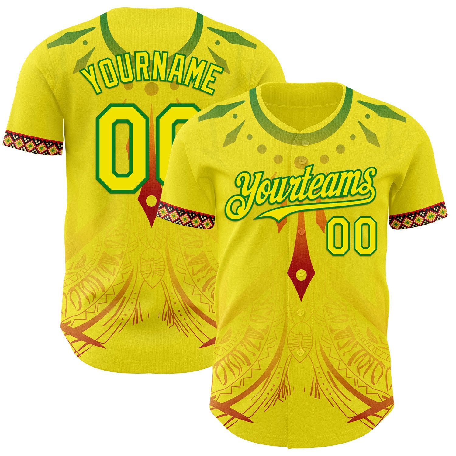 Custom Light Yellow Grass Green Red-Black 3D Pattern Design Black History Month Africa Tribal Authentic Baseball Jersey