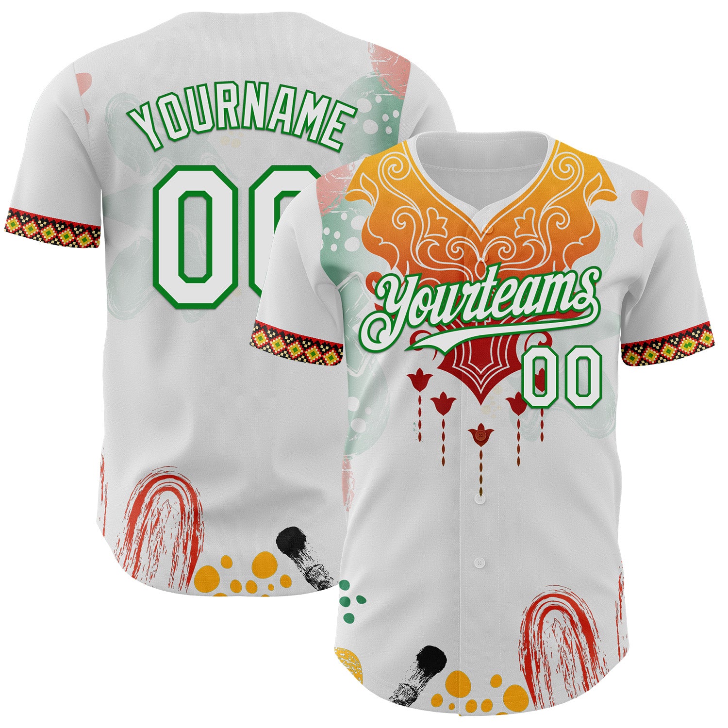 Custom White Yellow Red-Grass Green 3D Pattern Design Black History Month Africa Tribal Authentic Baseball Jersey
