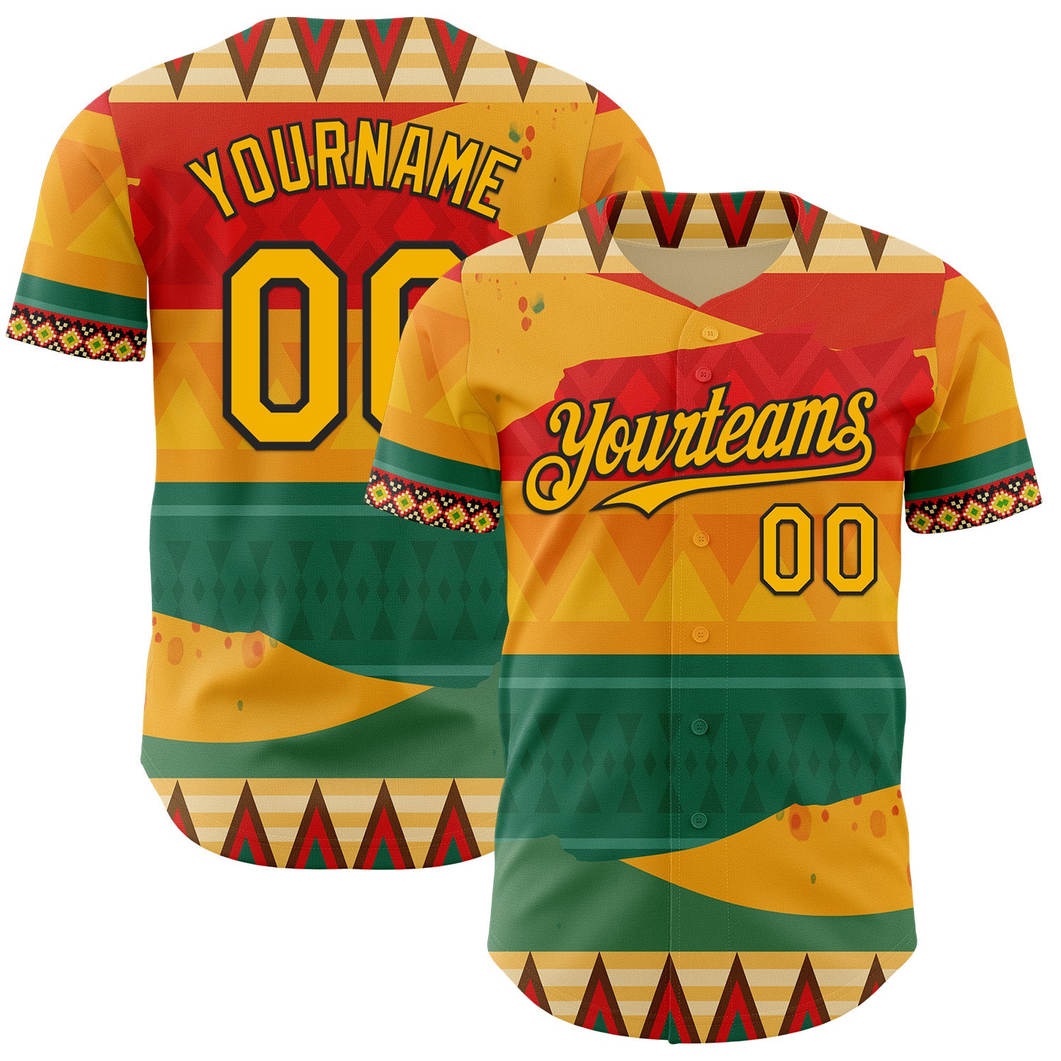 Custom Yellow Gold Red Green-Black 3D Pattern Design Black History Month Africa Tribal Authentic Baseball Jersey