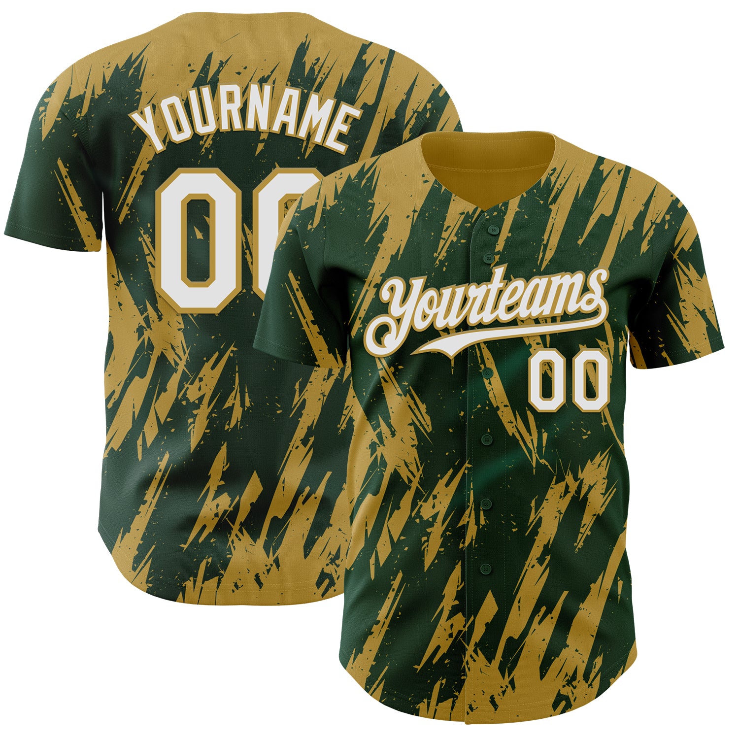 Custom Green White-Old Gold 3D Pattern Design Splatter Torn Sharp Brush Stroke Authentic Baseball Jersey