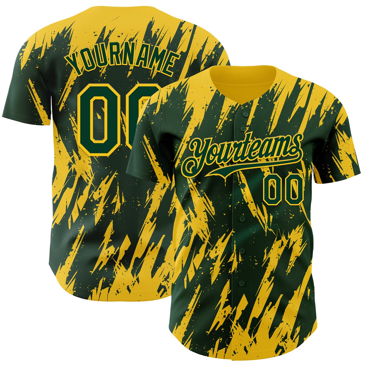 Custom Green Yellow 3D Pattern Design Splatter Torn Sharp Brush Stroke Authentic Baseball Jersey