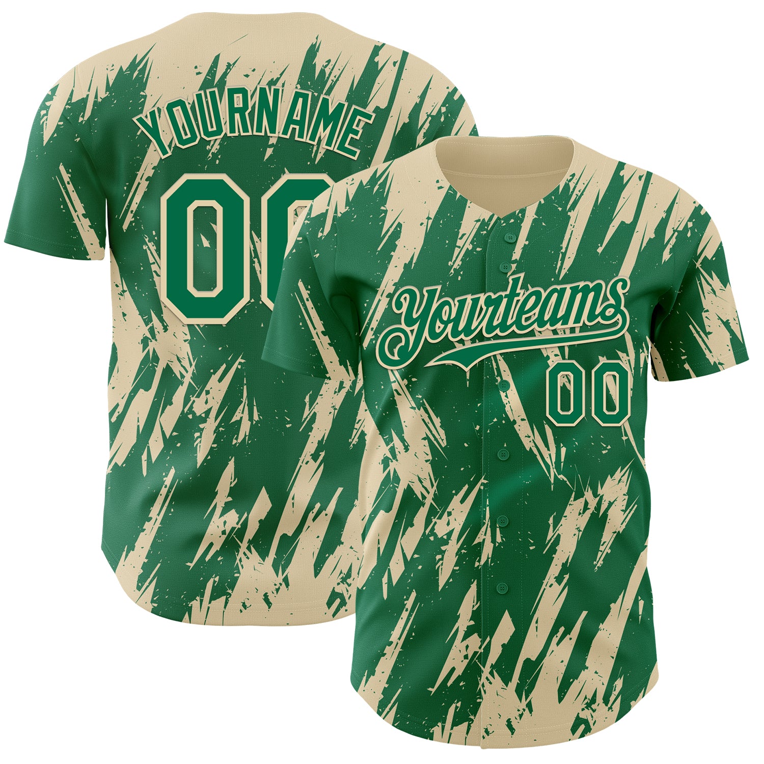 Custom Kelly Green Cream 3D Pattern Design Splatter Torn Sharp Brush Stroke Authentic Baseball Jersey