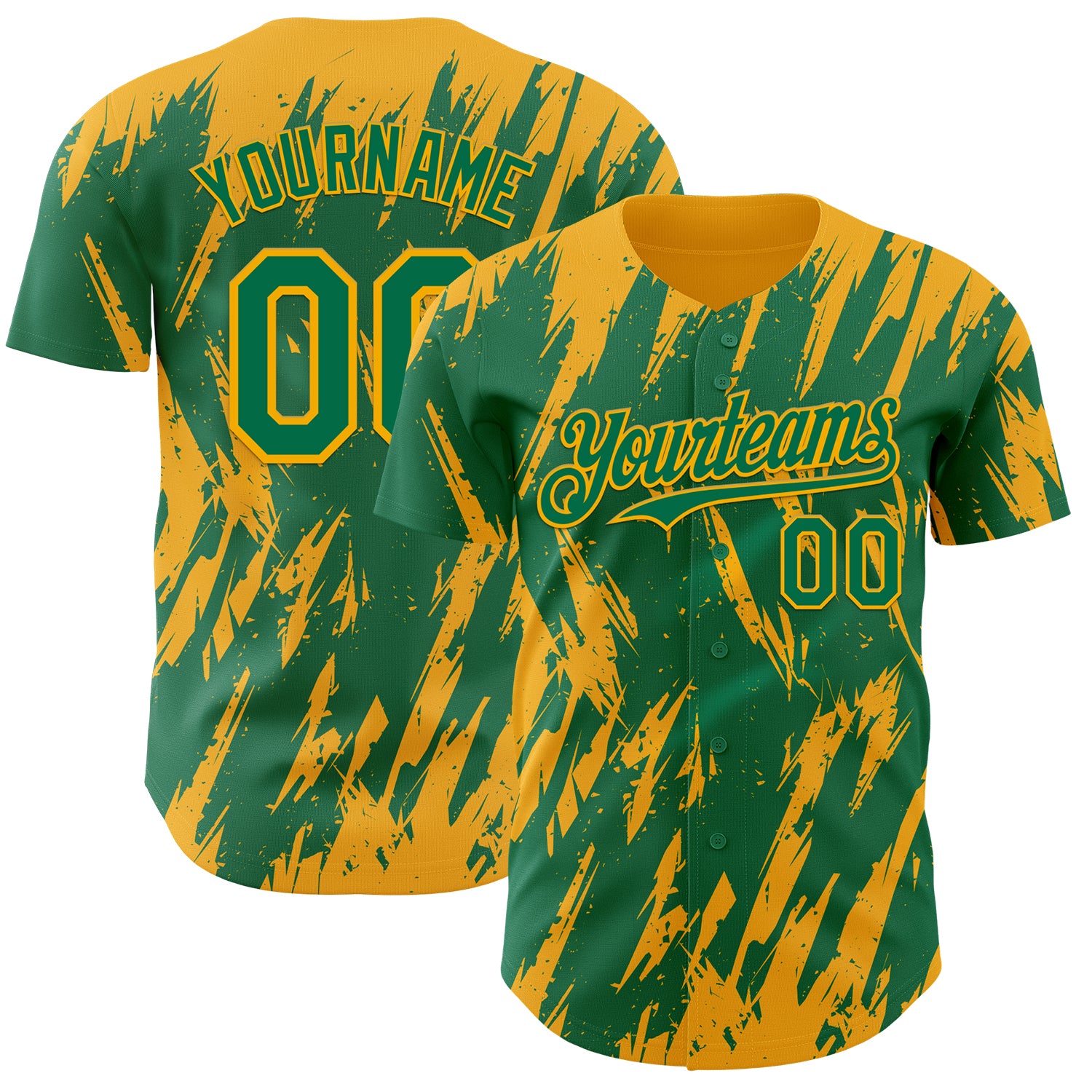 Custom Kelly Green Gold 3D Pattern Design Splatter Torn Sharp Brush Stroke Authentic Baseball Jersey