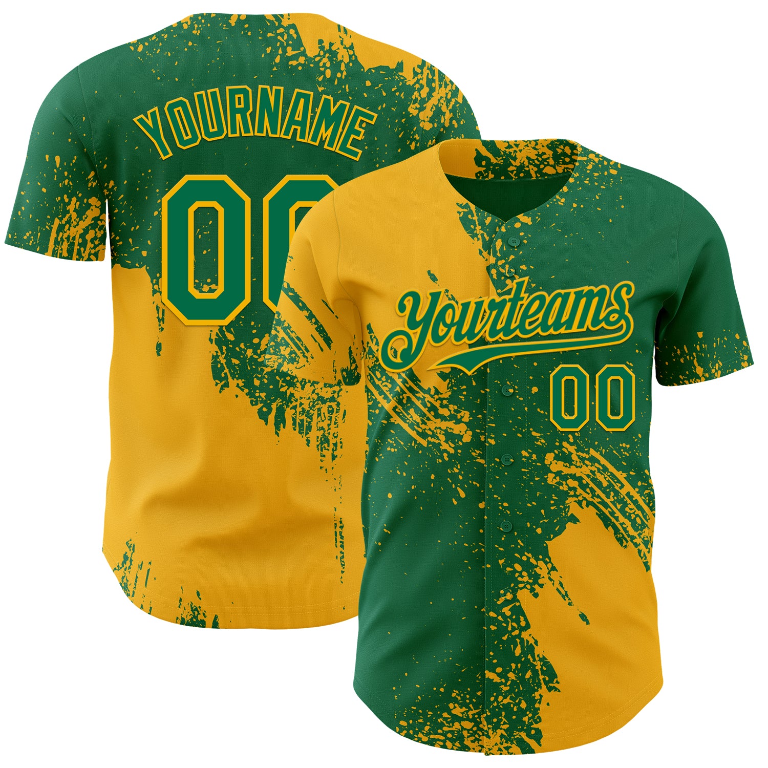 Custom Kelly Green-Gold Abstract Brush Stroke Authentic Baseball Jersey