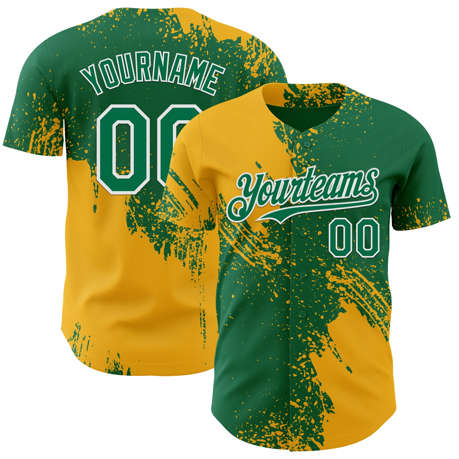 Custom Kelly Green Gold-White Abstract Brush Stroke Authentic Baseball Jersey