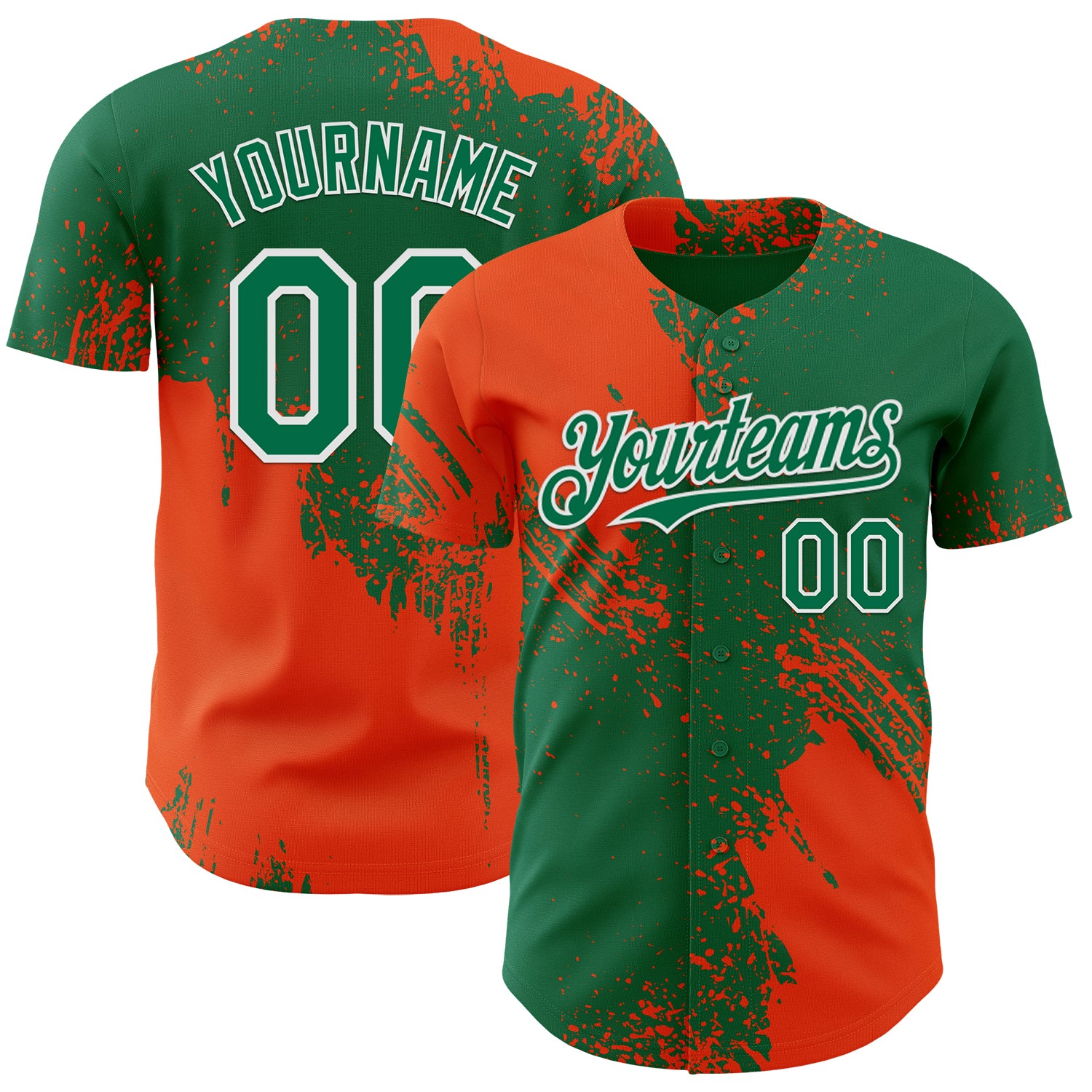 Custom Kelly Green Orange-White Abstract Brush Stroke Authentic Baseball Jersey
