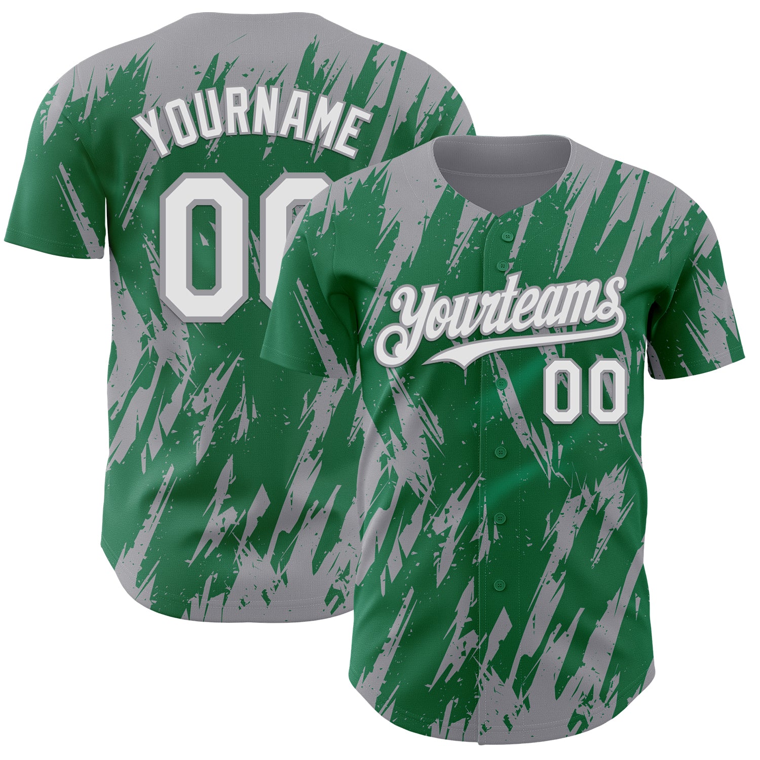Custom Kelly Green White-Gray 3D Pattern Design Splatter Torn Sharp Brush Stroke Authentic Baseball Jersey