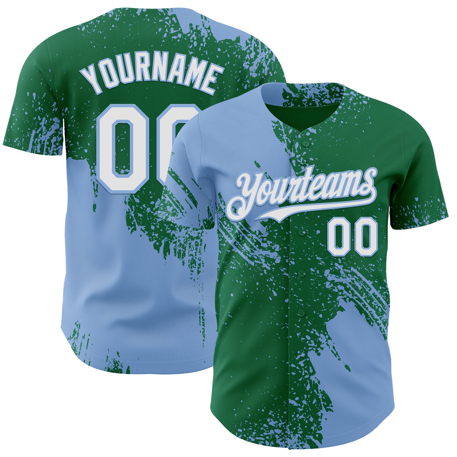 Custom Kelly Green White-Light Blue Abstract Brush Stroke Authentic Baseball Jersey