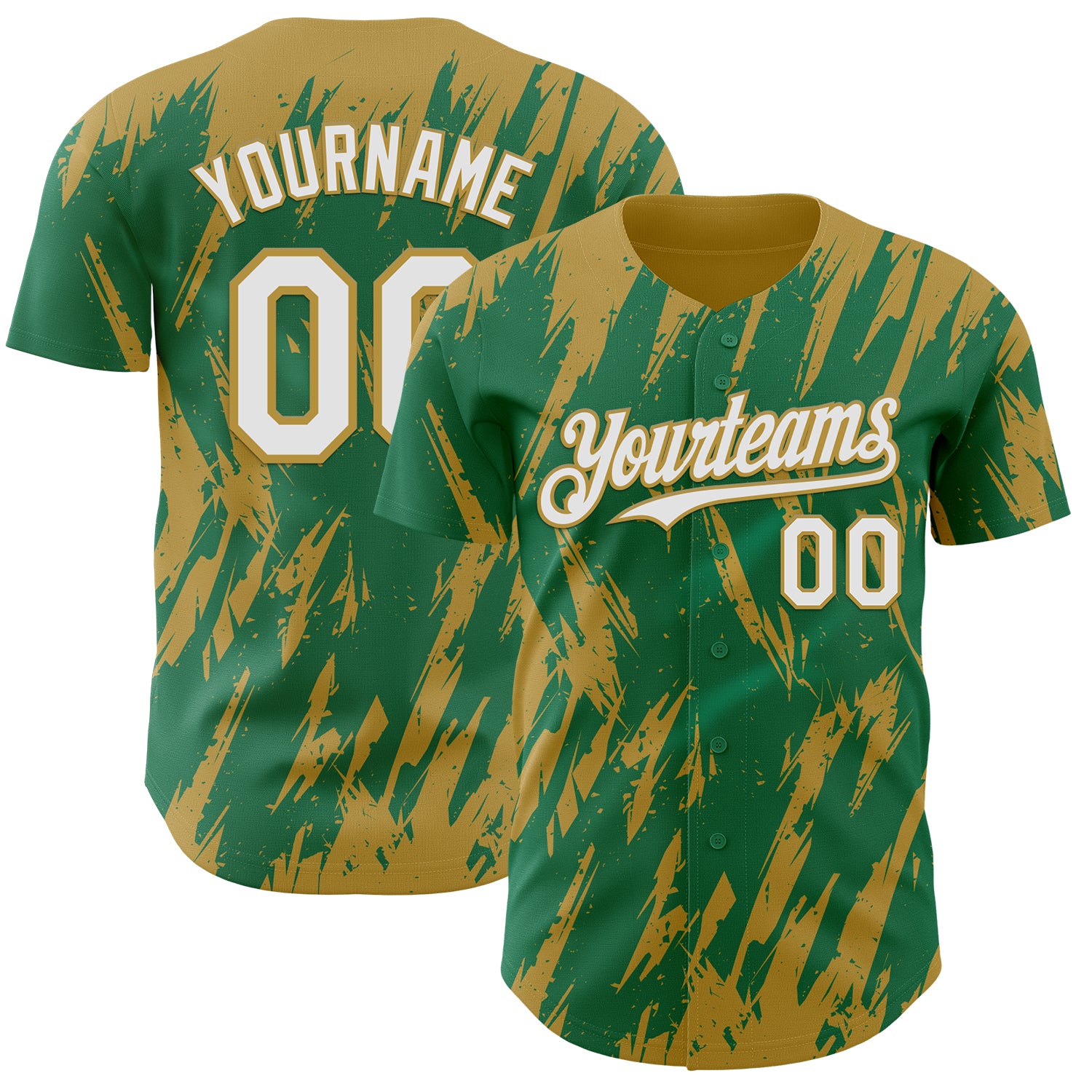 Custom Kelly Green White-Old Gold 3D Pattern Design Splatter Torn Sharp Brush Stroke Authentic Baseball Jersey