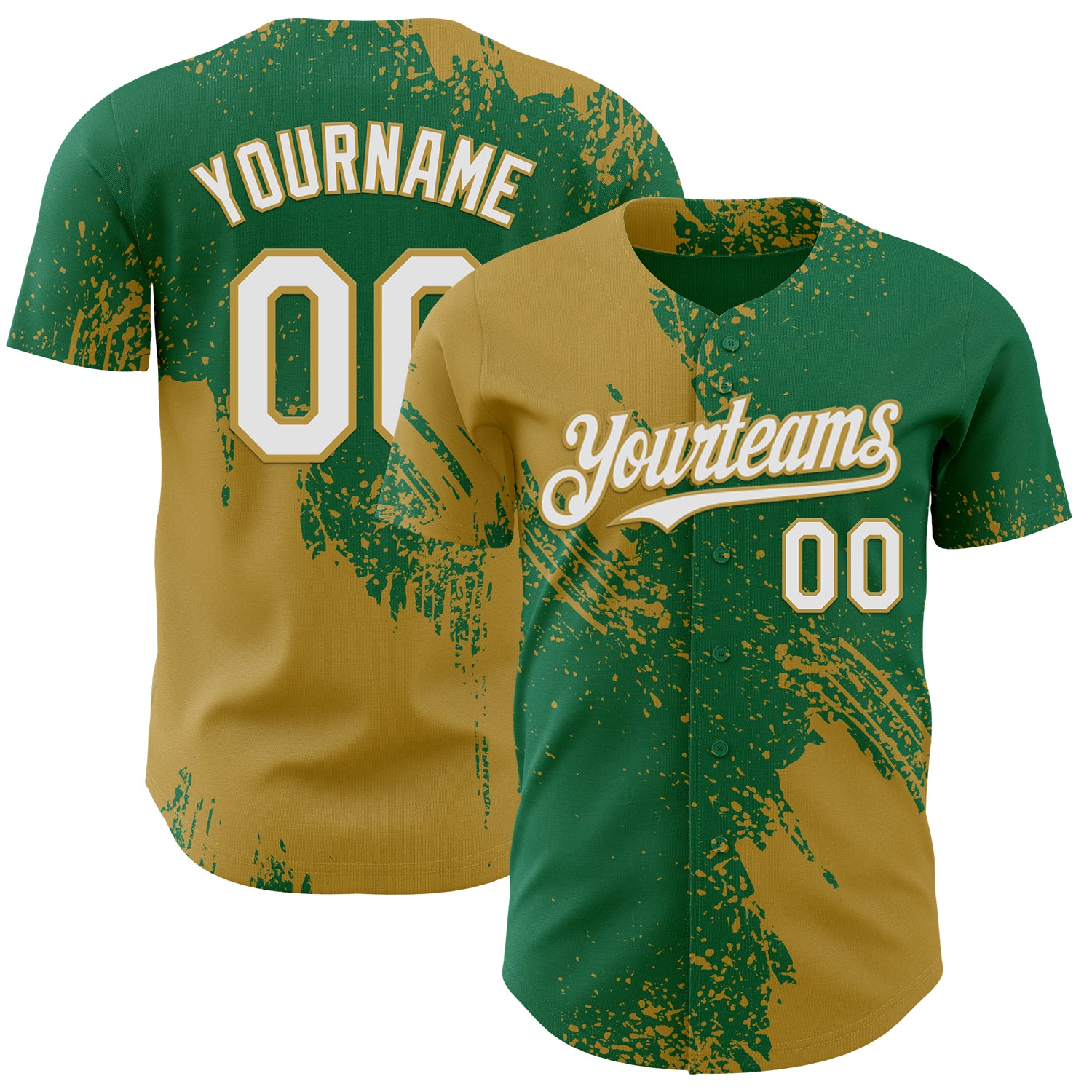 Custom Kelly Green White-Old Gold Abstract Brush Stroke Authentic Baseball Jersey